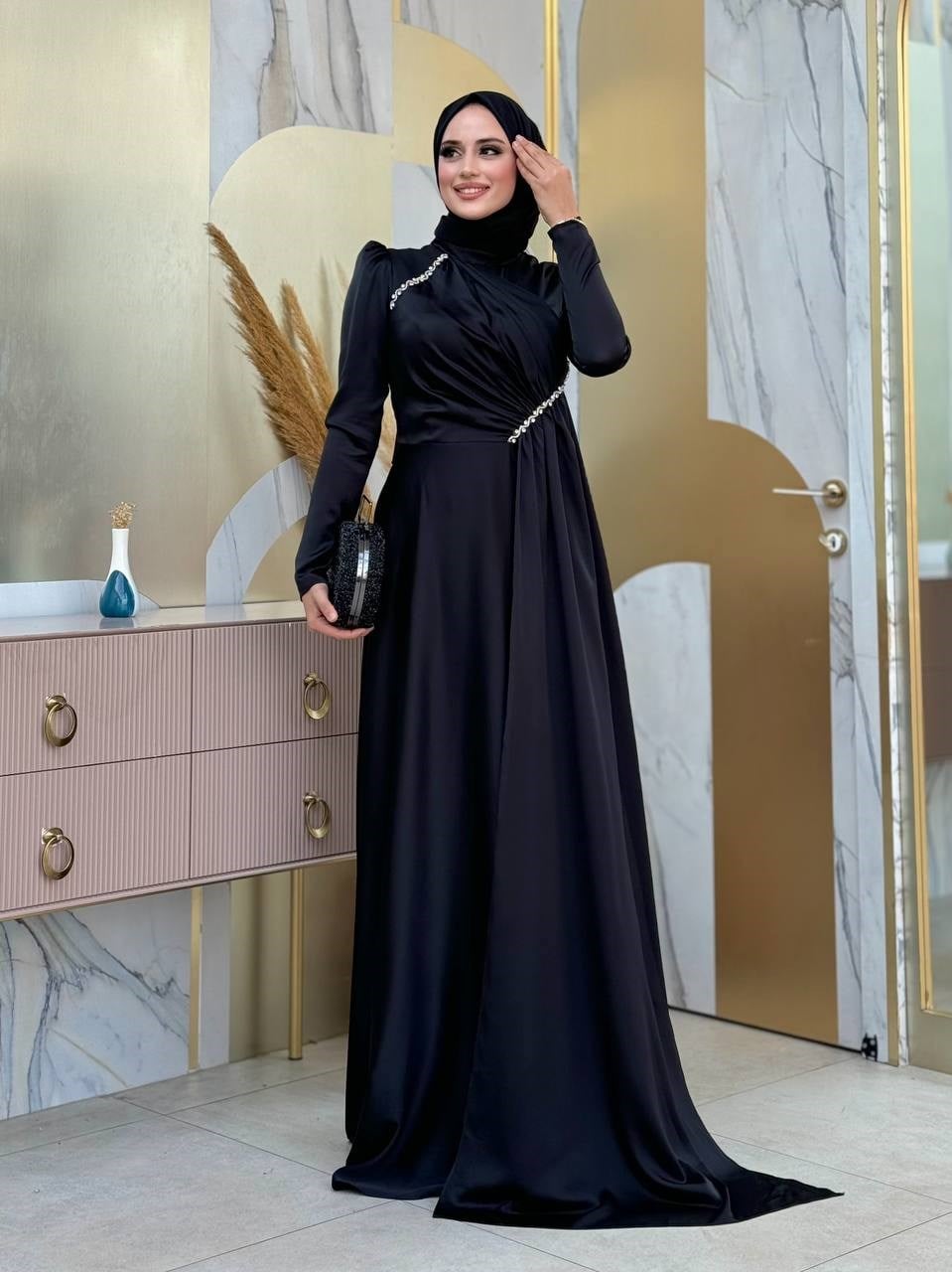 Saten Taşlı Abiye Siyah 