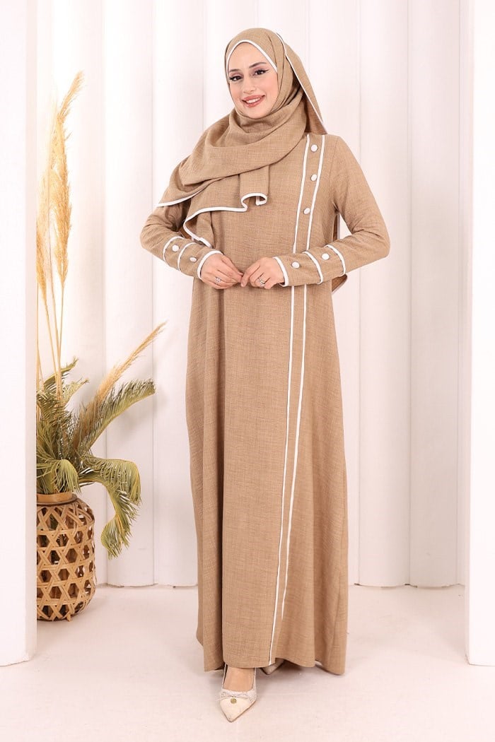 Şeritli  Elbise Takım Vizon