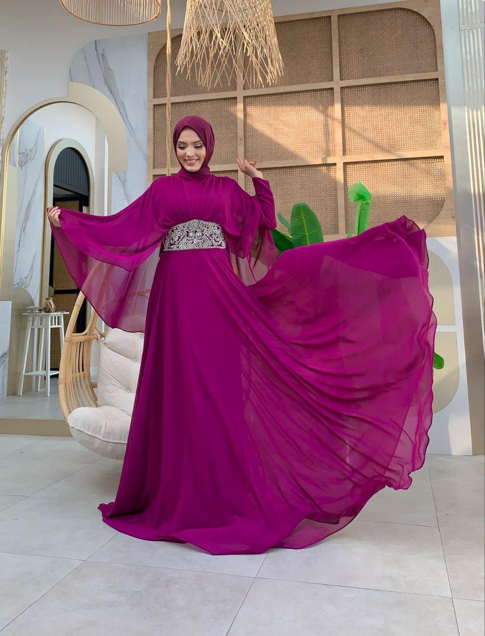 Şifon Abiye Elbise Fuşya