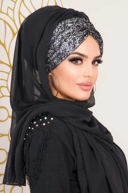 Siyah Antrasit Büzgülü Hazır Abiye Şal