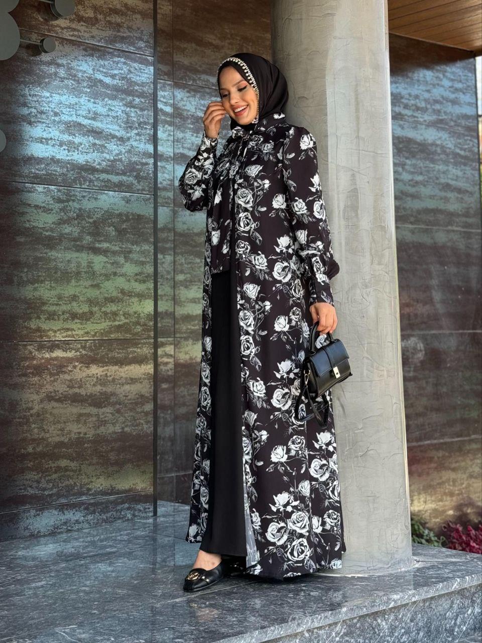 Siyah Boyundan Bağcıklı Abaya ElbiseTakim