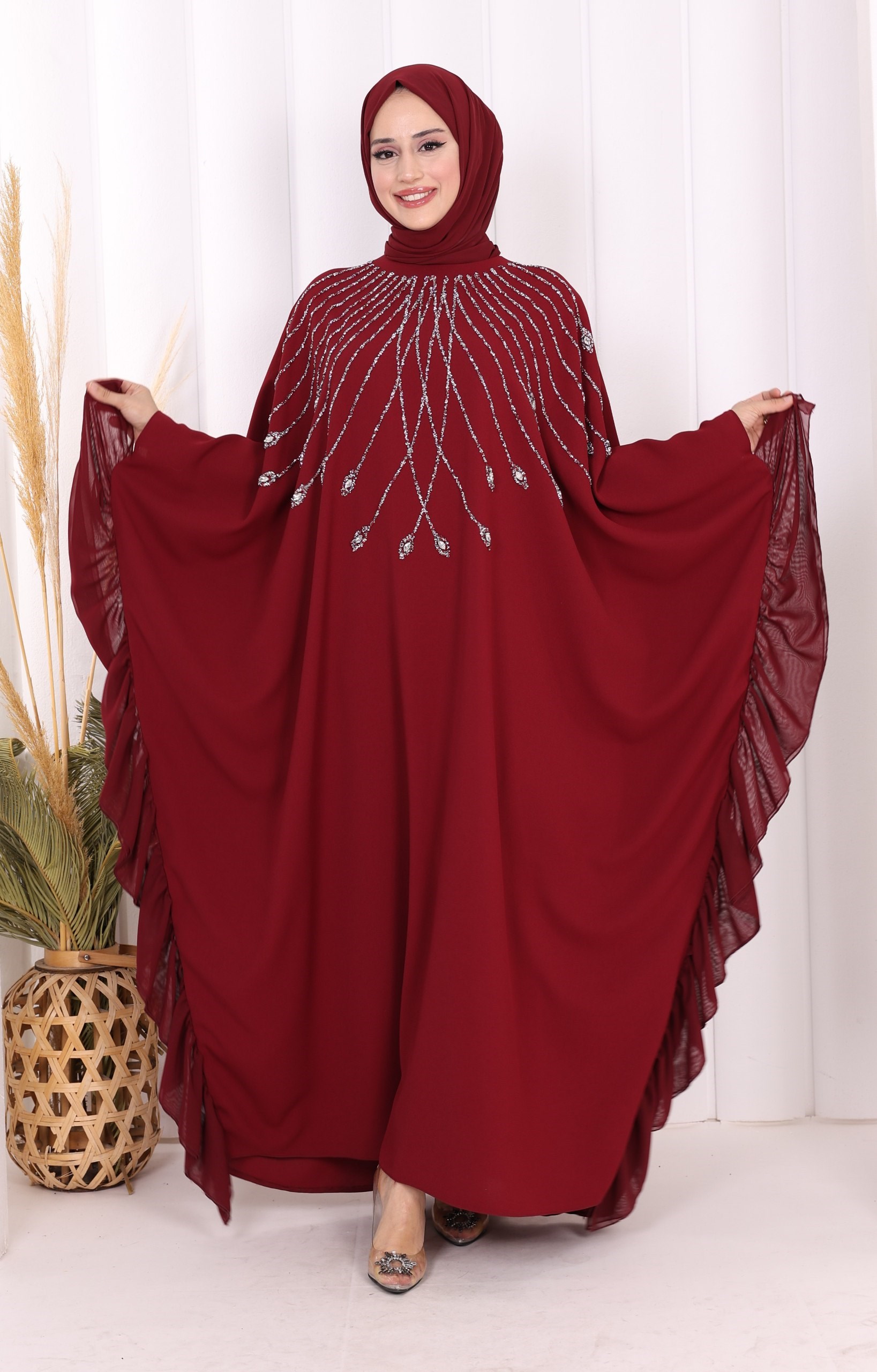 Taş Detaylı Elbise Bordo