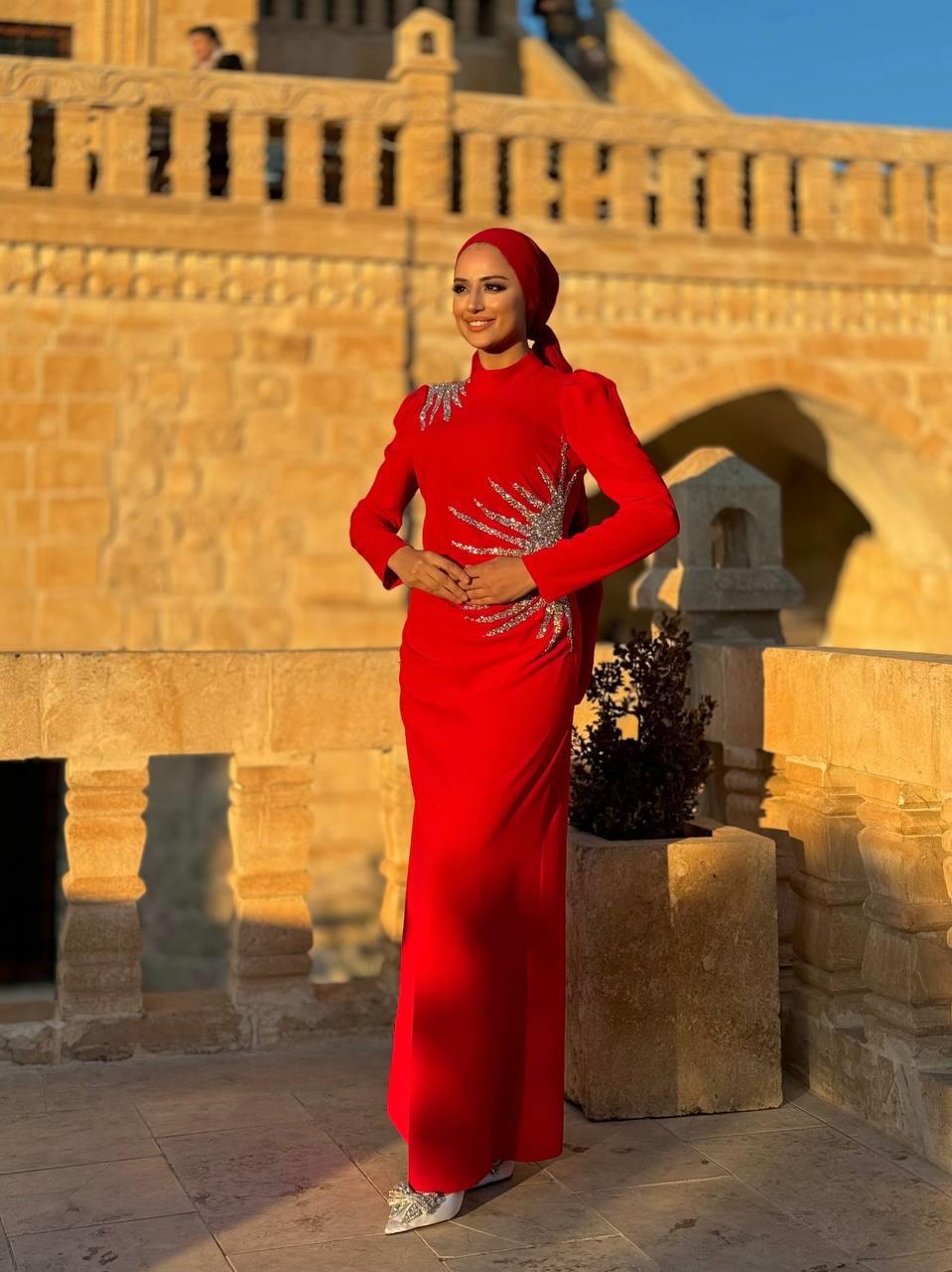 Taşlı Abiye Elbise  Kırmızı