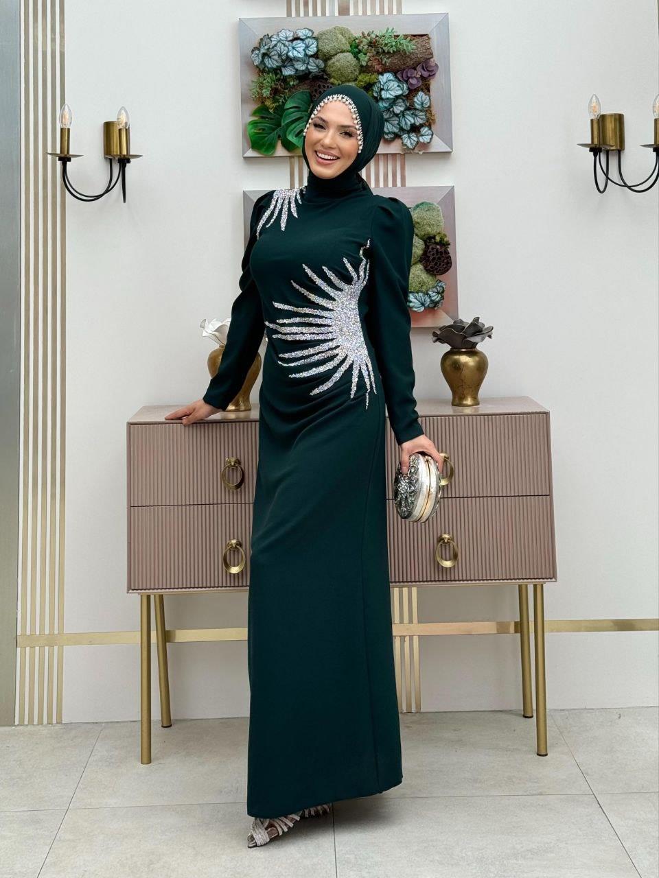 Taşlı Abiye Elbise Zümrüt