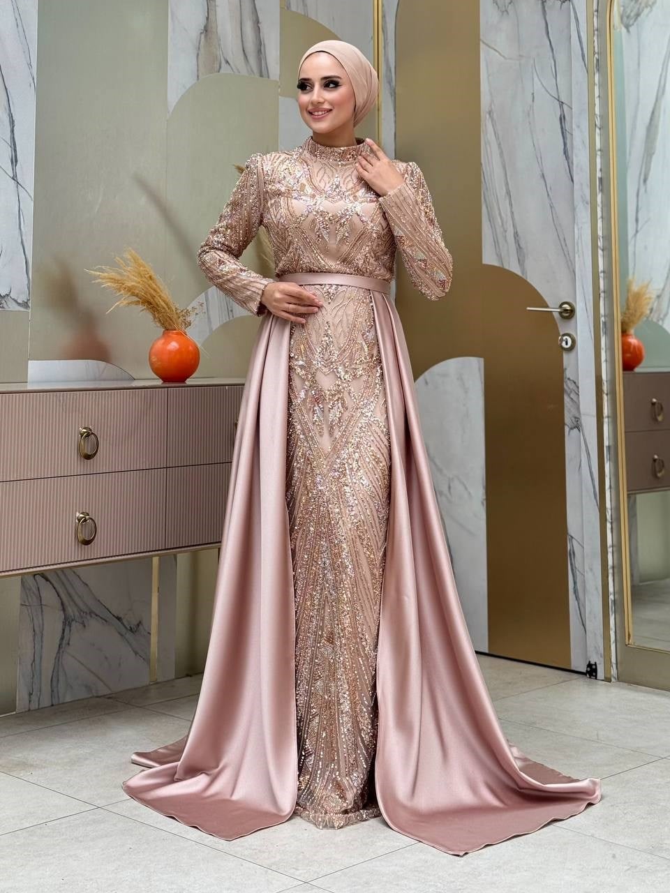 Taşlı İşlemeli Abiye Gold