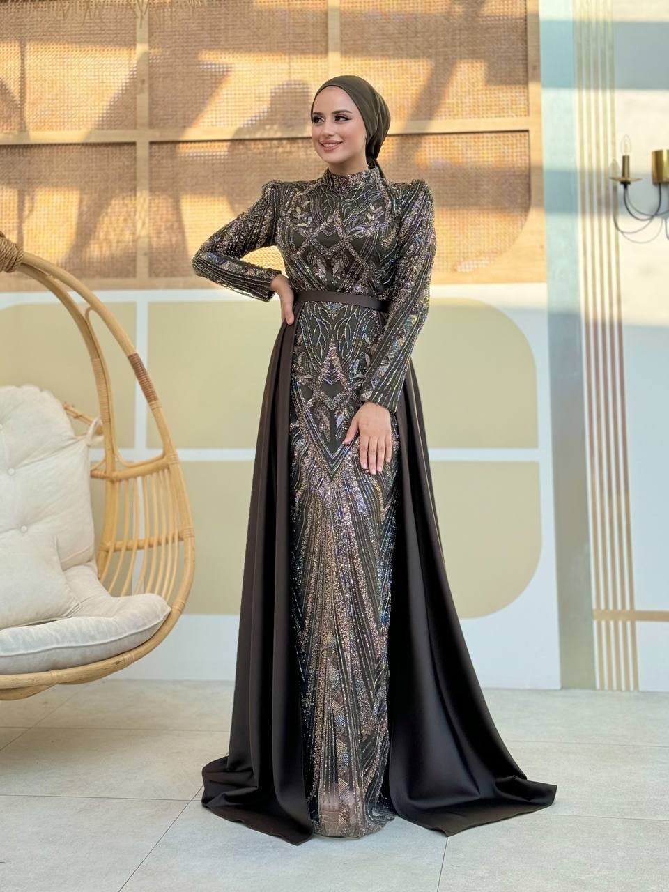 Taşlı İşlemeli Abiye Haki