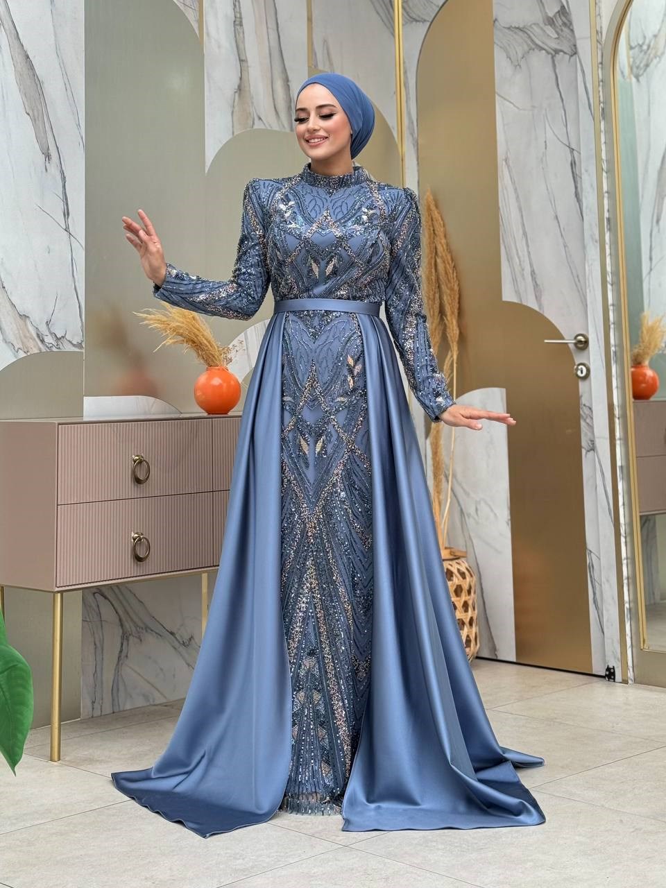 Taşlı İşlemeli Abiye İndigo