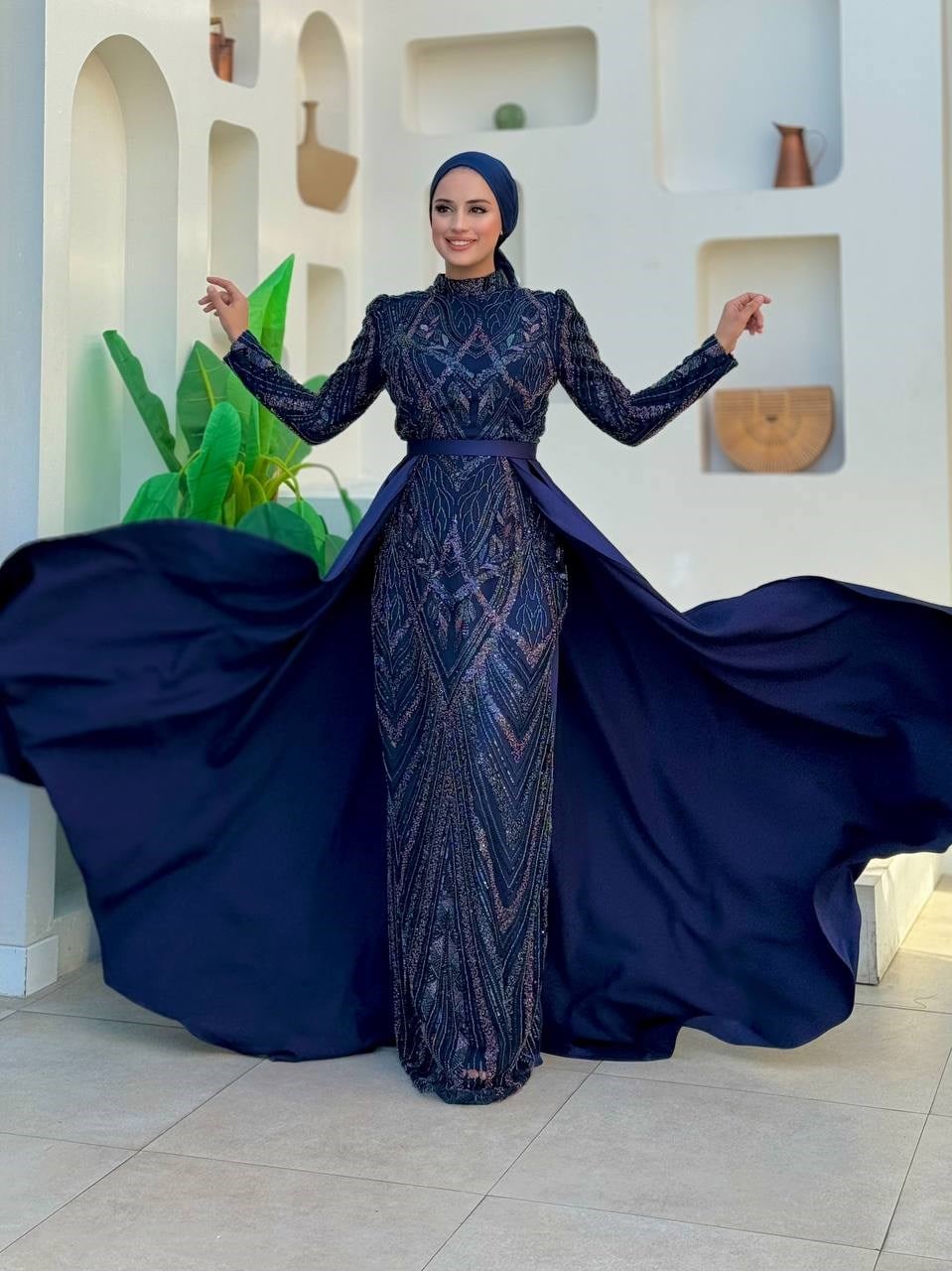 Taşlı İşlemeli Abiye Lacivert