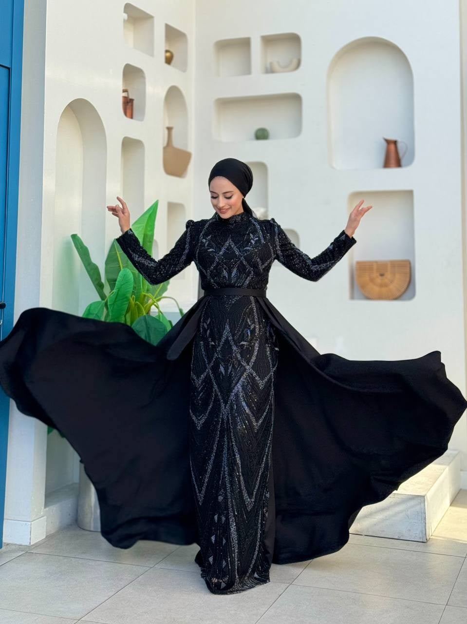 Taşlı İşlemeli Abiye Siyah