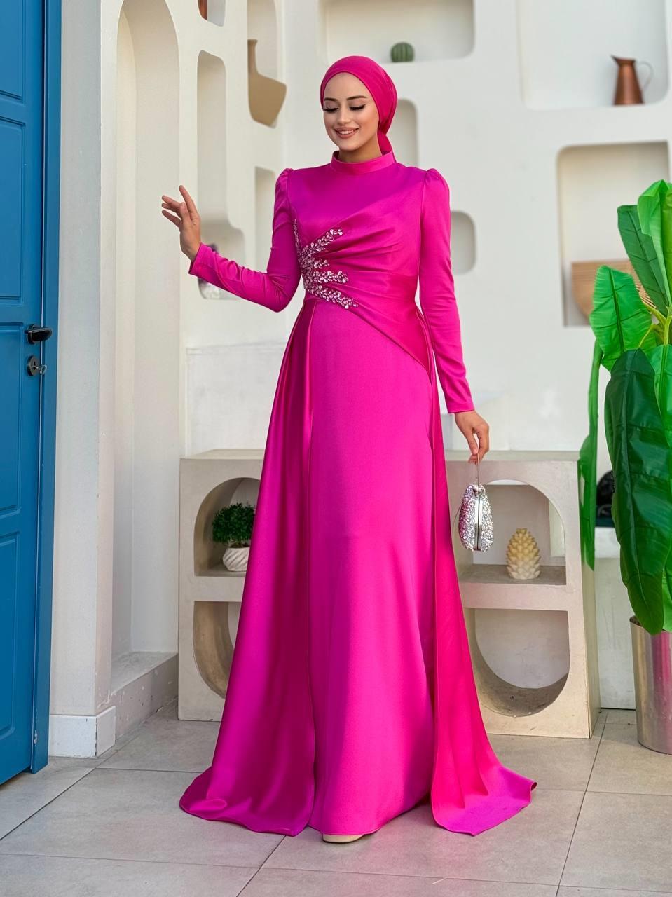 Taşlı Saten Abiye Fuşya 