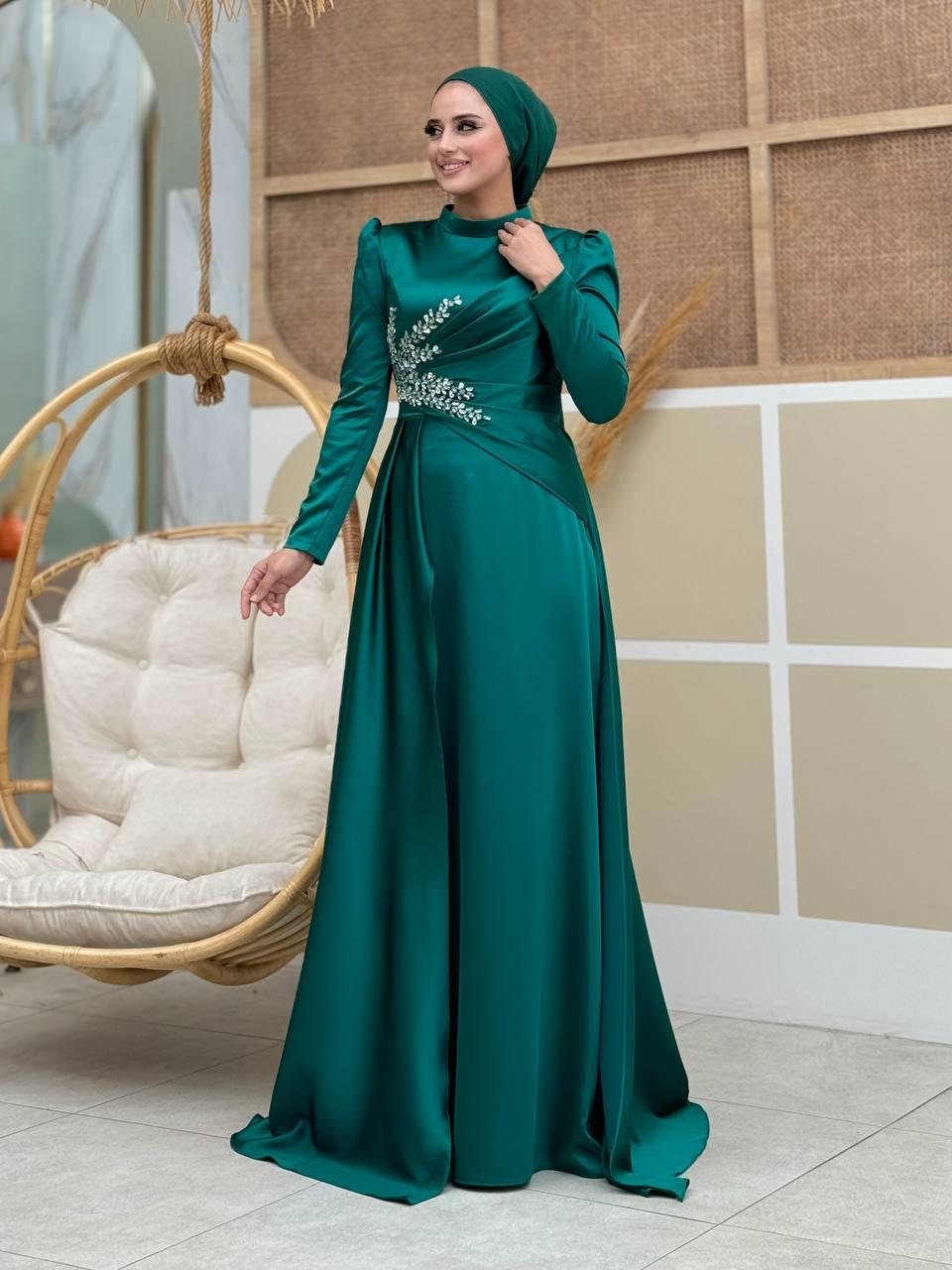 Taşlı Saten Abiye Zümrüt