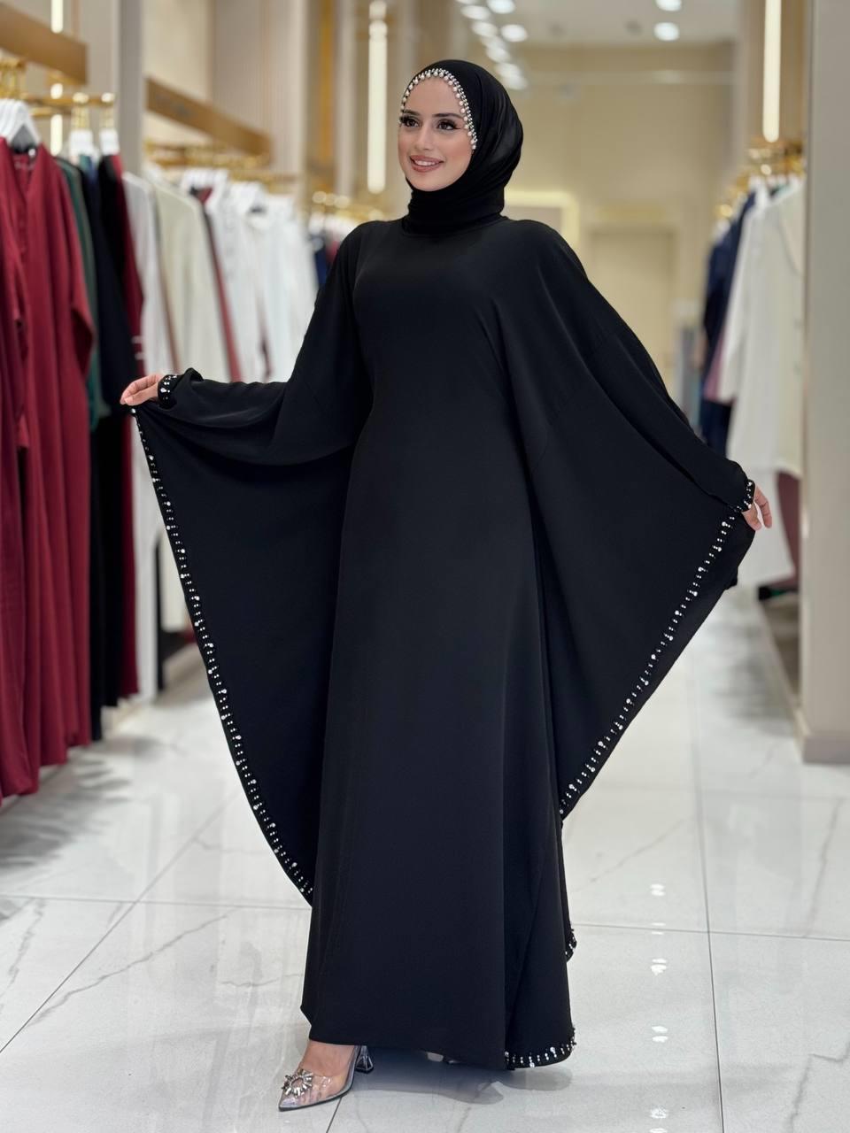 Taşlı Yarasakol Elbise Siyah