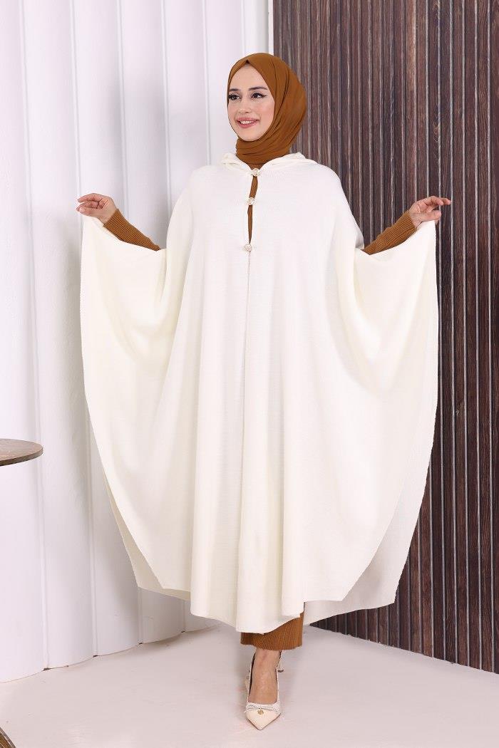 Triko Düğmeli Panço Ekru 