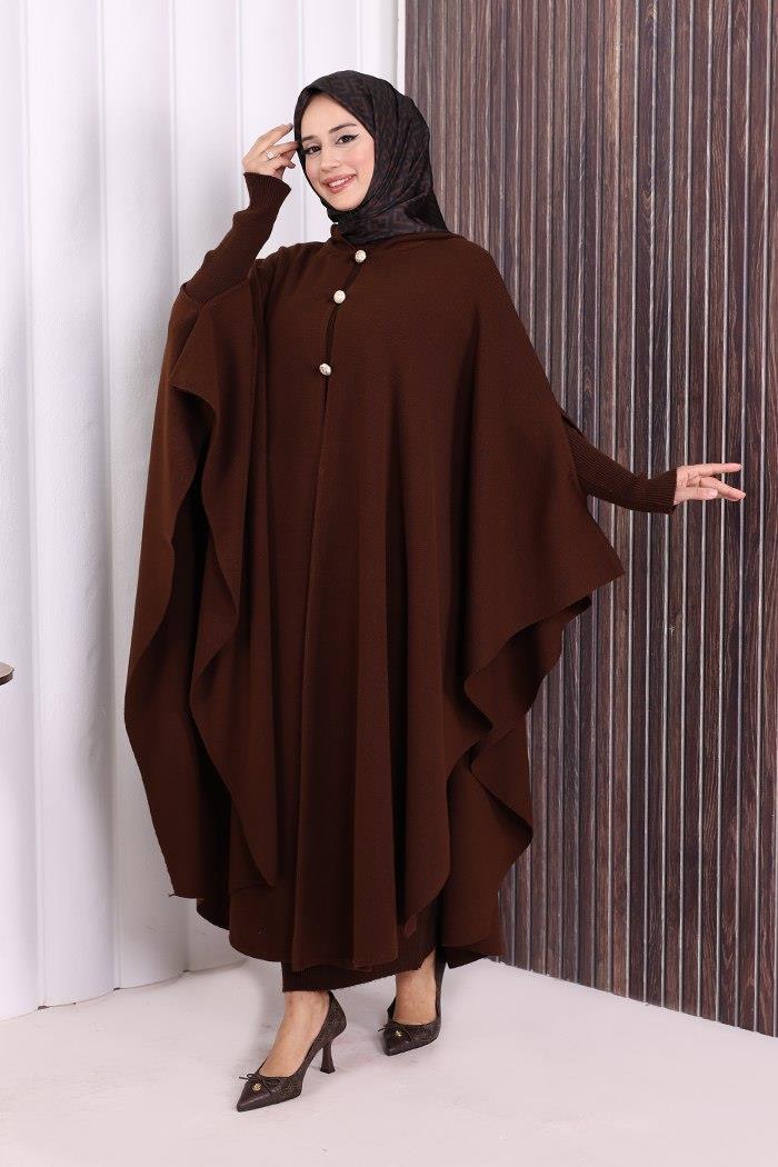 Triko Düğmeli Panço Kahverengi