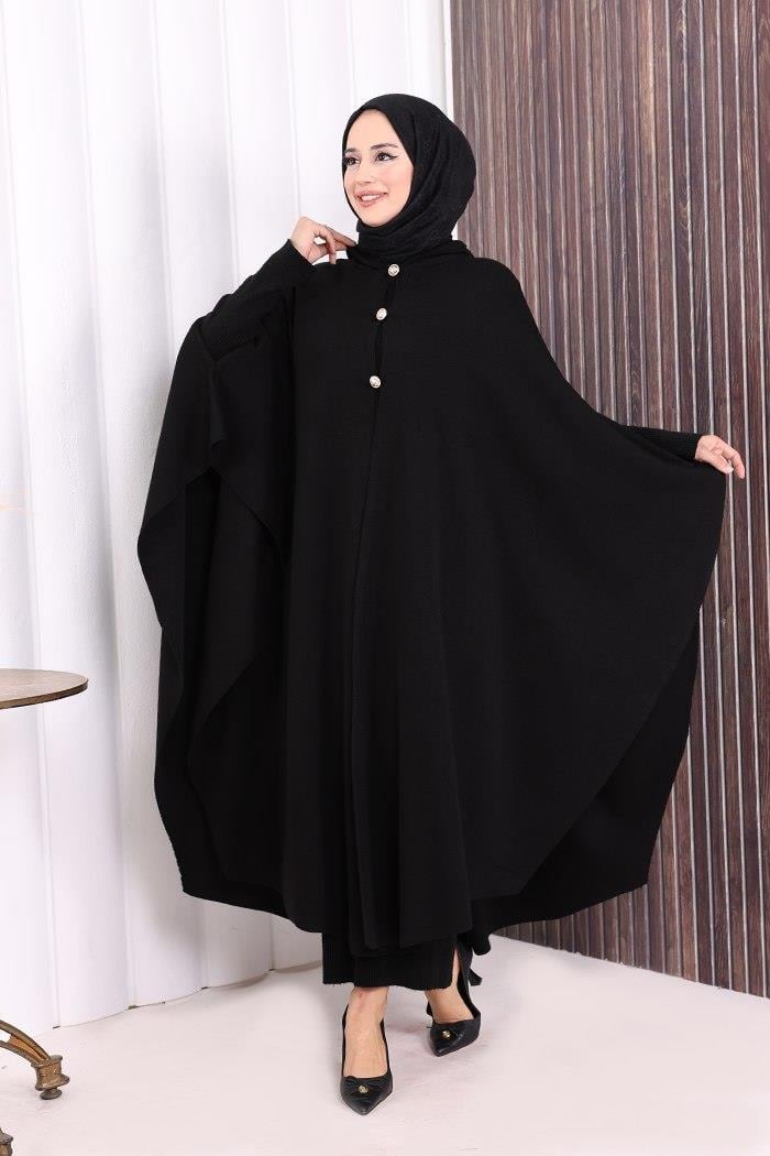 Triko Düğmeli Panço Siyah 