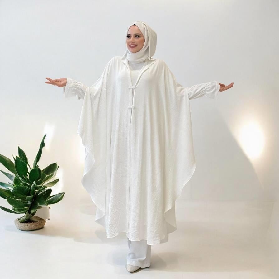 Tunik, Pantolon ve Abaya Üçlü Takım Beyaz