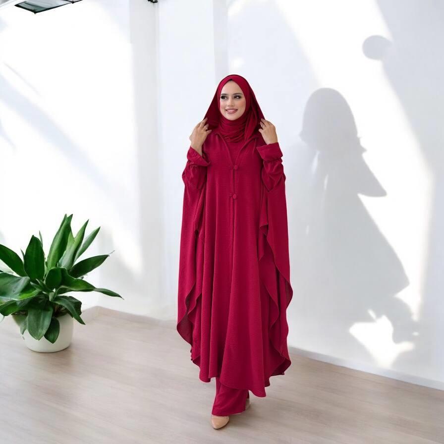 Tunik, Pantolon ve Abaya Üçlü Takım Bordo