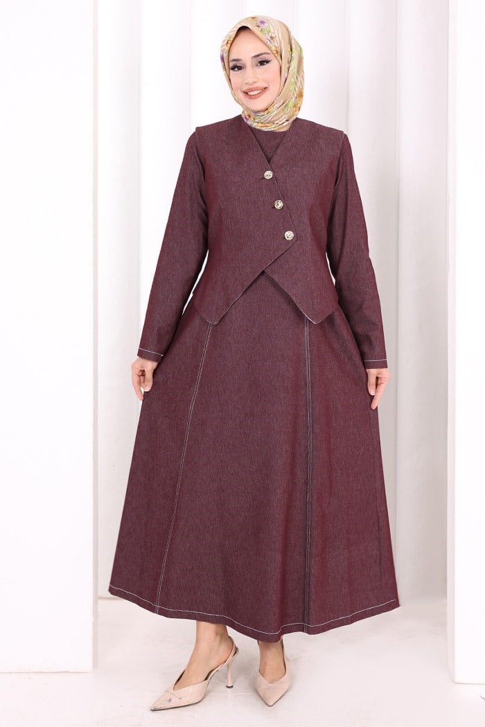 Yelekli Denim Kot Elbise Bordo