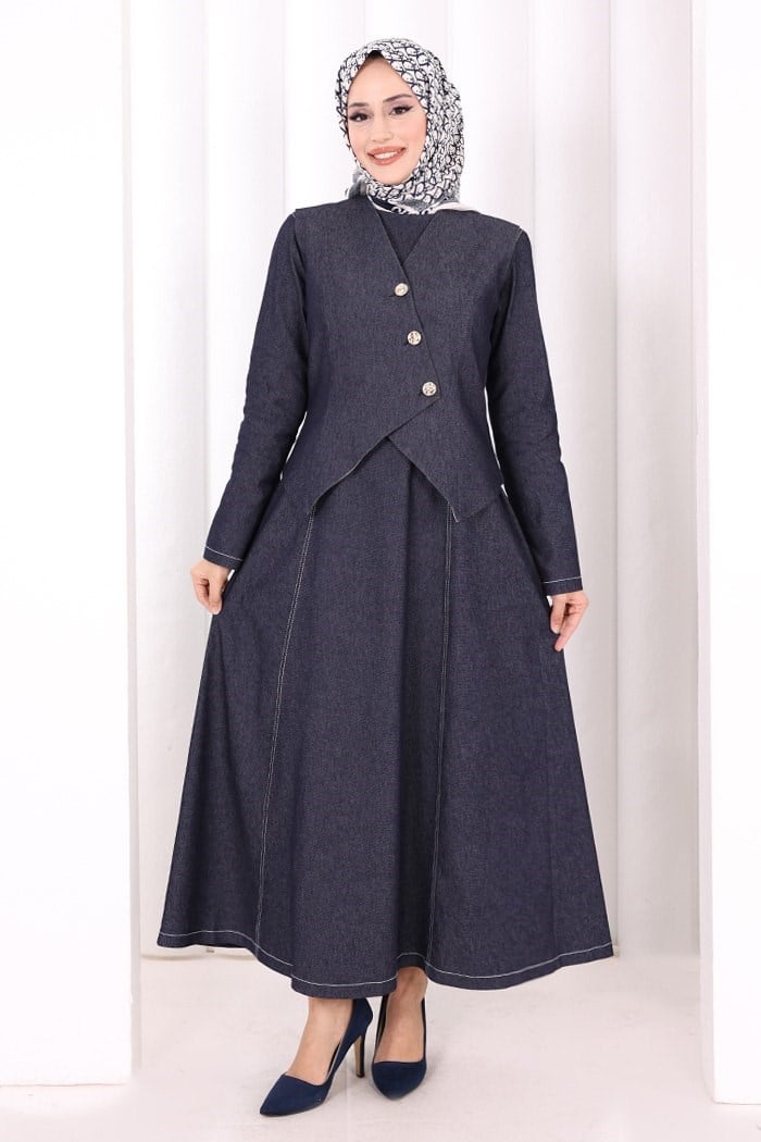 Yelekli Denim Kot Elbise Lacivert