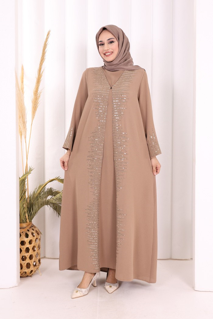 Yelekli Elbise Takım Vizon