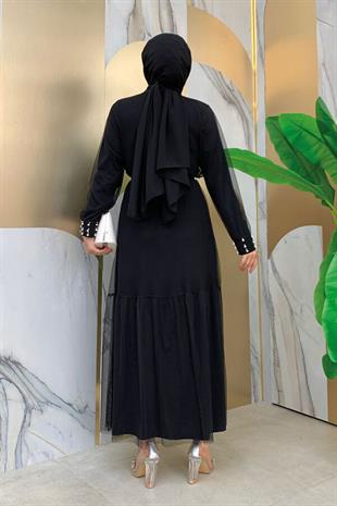 İncili Abaya Elbise Takım Siyah