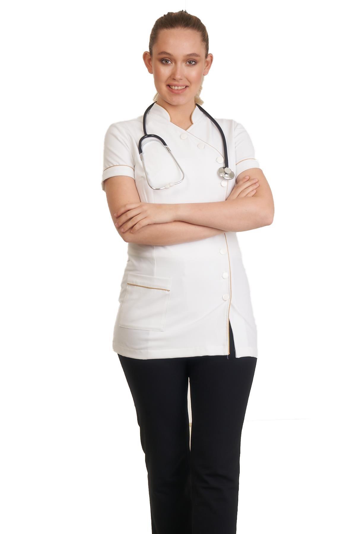 9 DÜĞMELİ DOKTOR ÖNLÜĞÜ ECZACI ÖNLÜĞÜ HEMŞİRE ÖNLÜĞÜ ESTETİSYEN ÖNLÜĞÜ KISA KOL BEYAZ KADIN ÖNLÜK