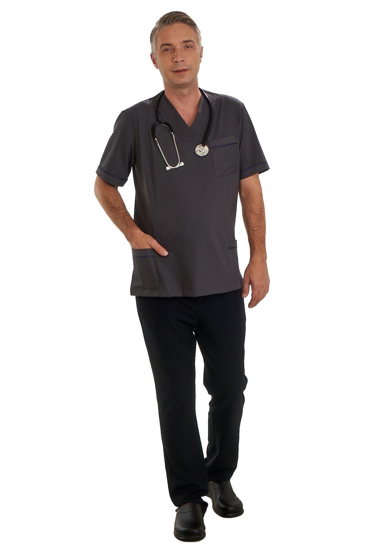 V YAKA DOKTOR ÖNLÜĞÜ ECZACI ÖNLÜĞÜ LABORANT ÖNLÜĞÜ HEMŞİRE ÖNLÜĞÜ ESTETİSYEN ÖNLÜĞÜ GRİ KISA KOL ERKEK ÖNLÜK