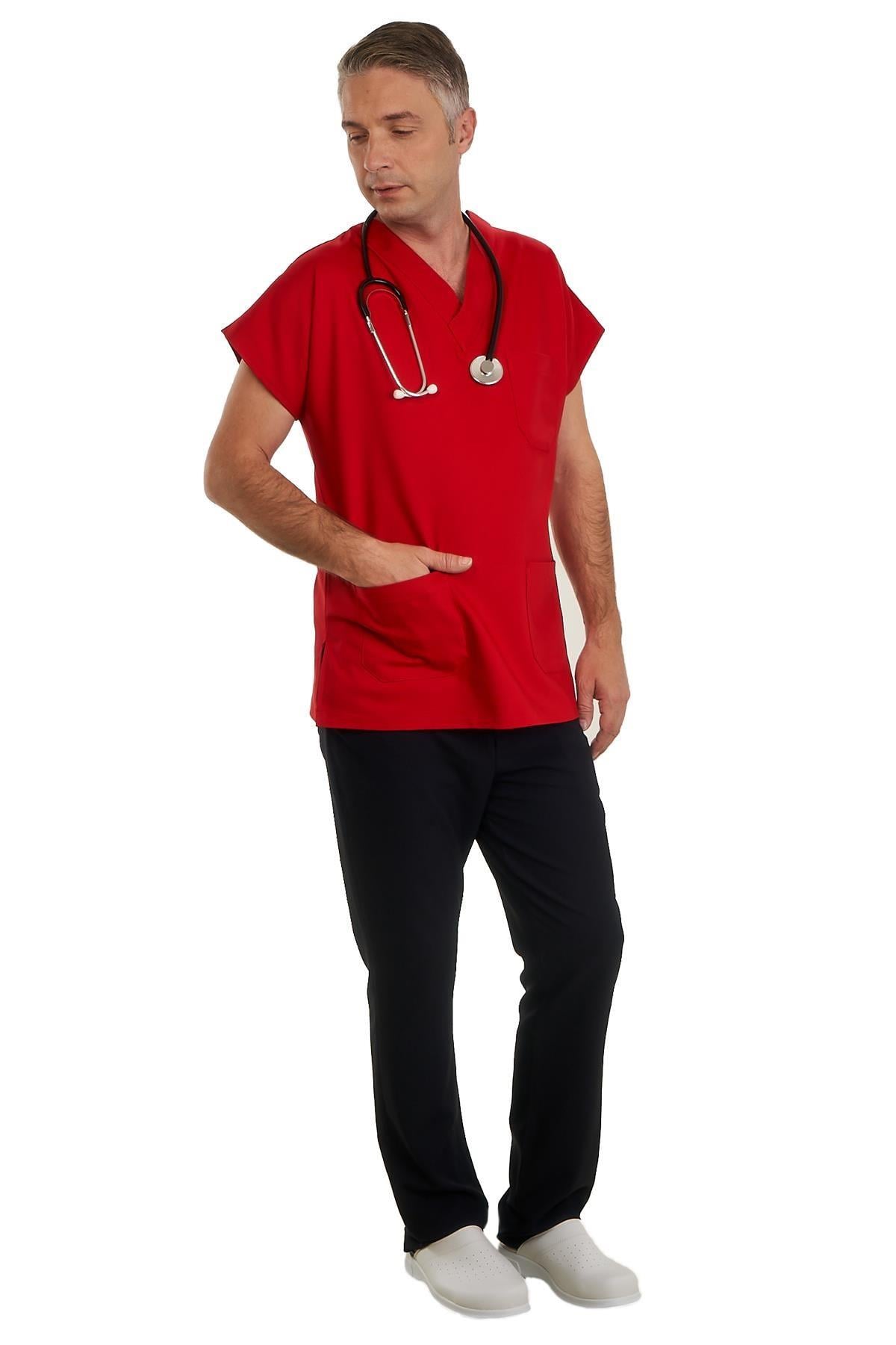 V YAKA DOKTOR ÖNLÜĞÜ ECZACI ÖNLÜĞÜ LABORANT ÖNLÜĞÜ HEMŞİRE ÖNLÜĞÜ ESTETİSYEN ÖNLÜĞÜ KIRMIZI KISA KOL ERKEK ÖNLÜK