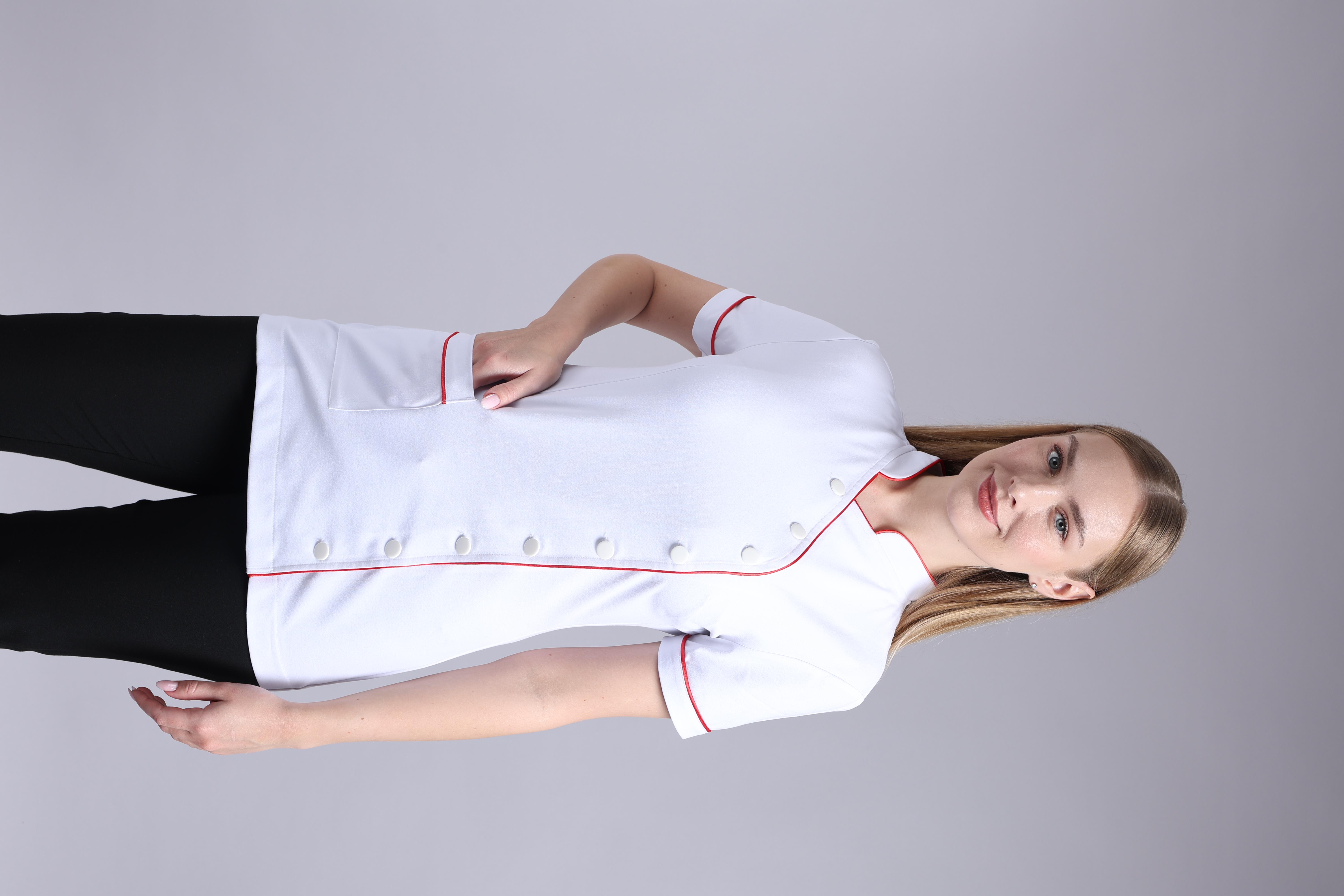 9 DÜĞMELİ Kırmızı Biyeli Kısa Kollu  Beyaz Önlük