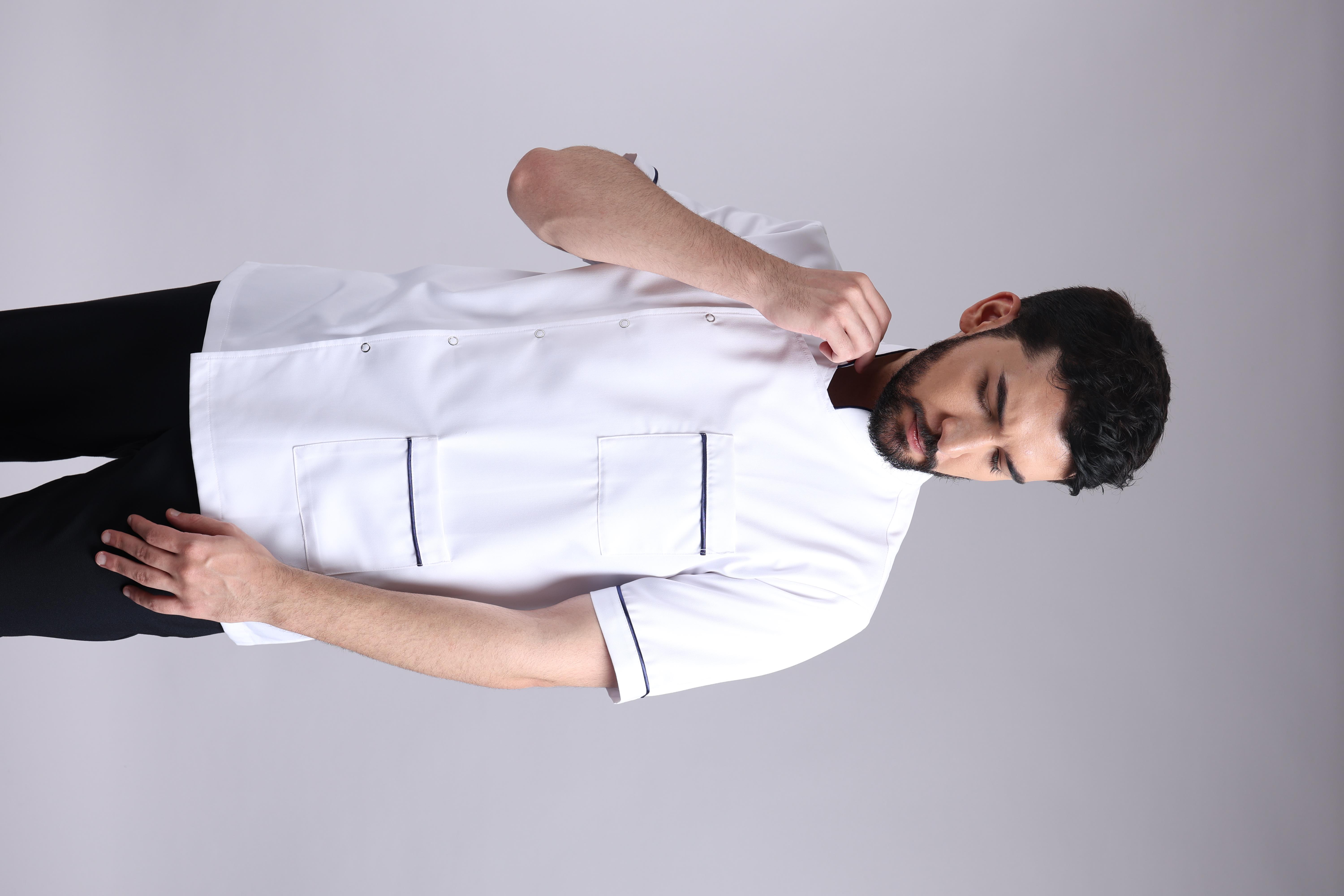 Hakim Yaka Lacivert Biyeli Erkek Beyaz Önlük