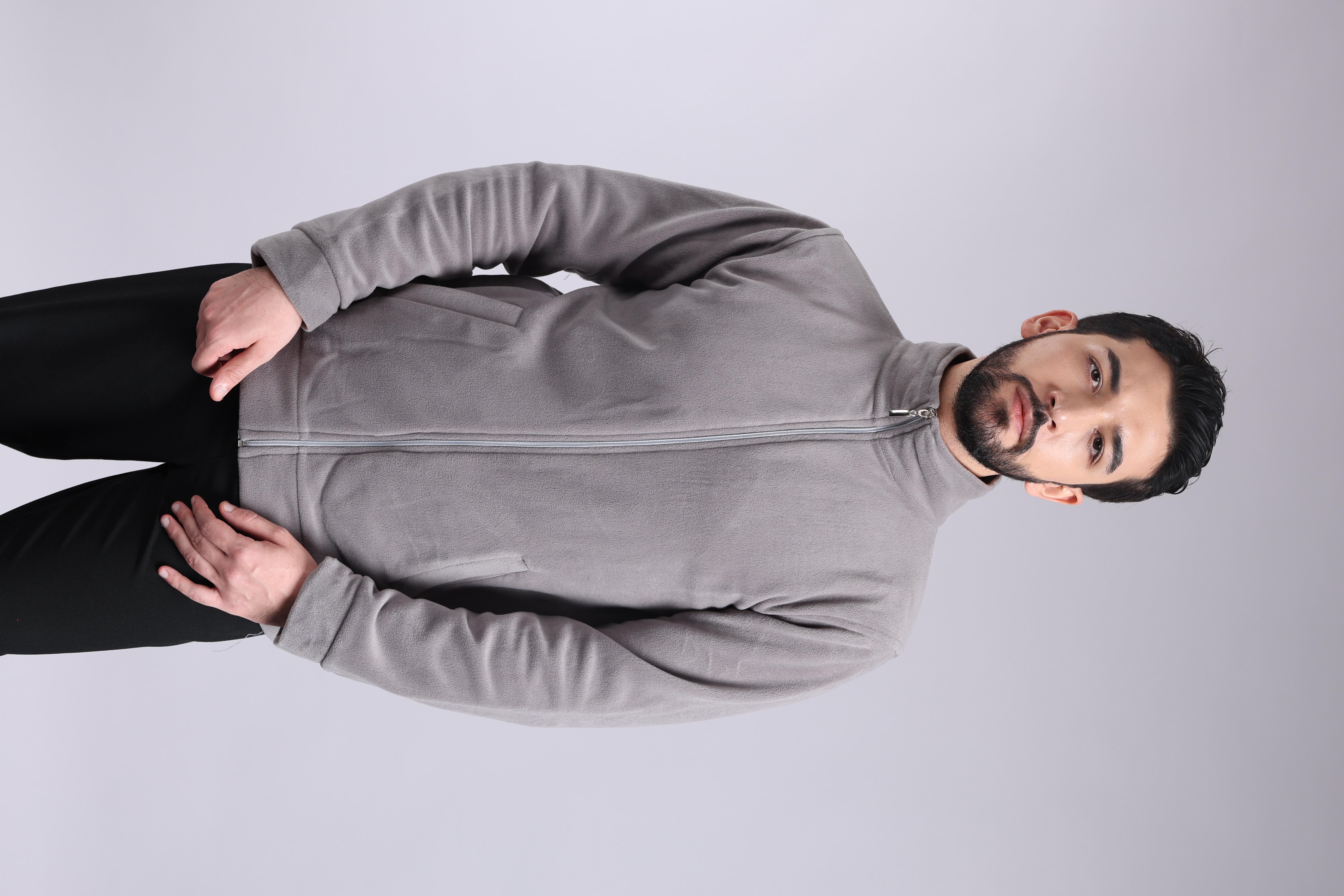 Unisex Ön Fermuarlı  Gri  Polar 