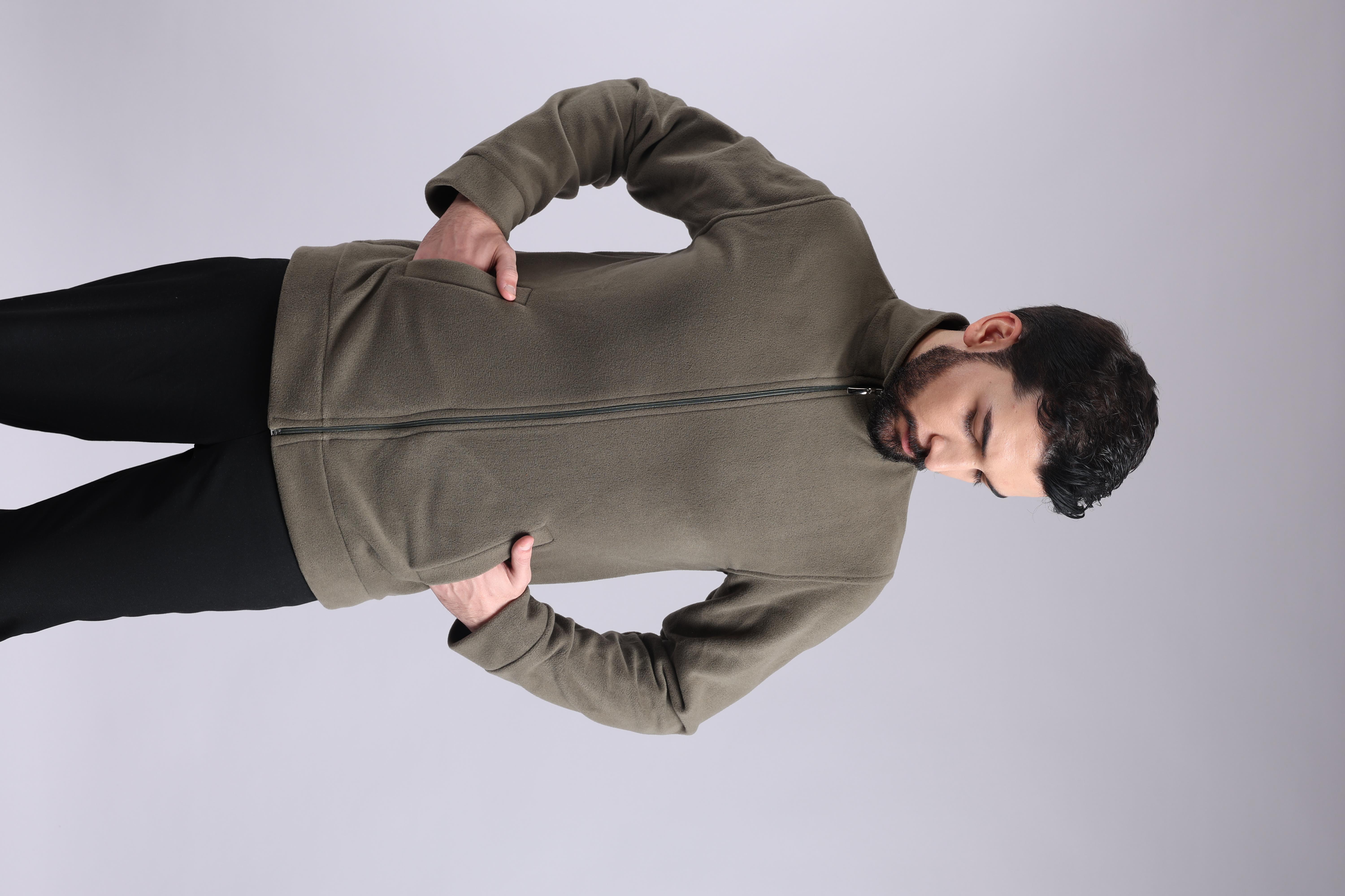 Unisex Ön Fermuarlı Haki Polar 