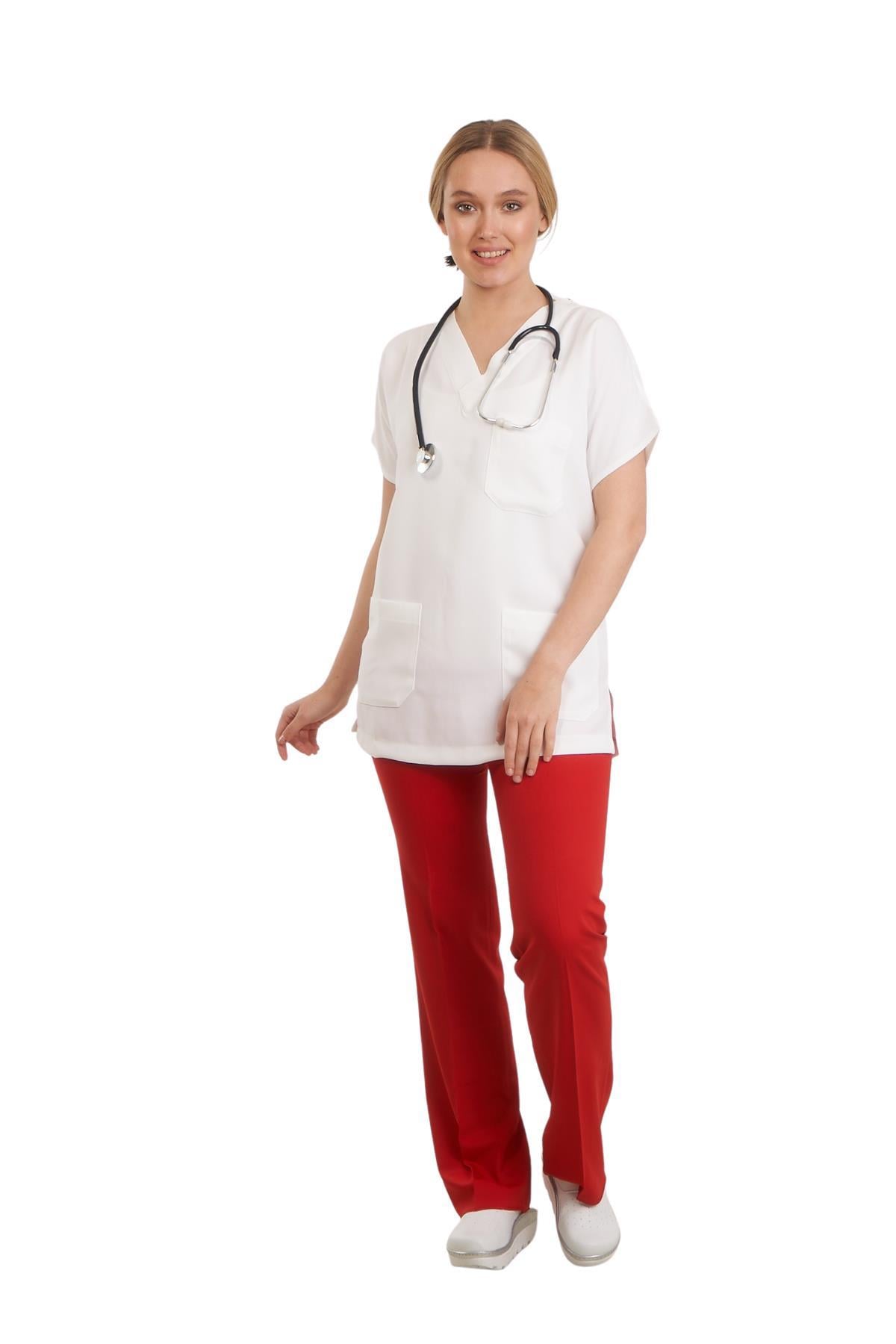 V YAKA DOKTOR ÖNLÜĞÜ ECZACI ÖNLÜĞÜ LABORANT ÖNLÜĞÜ HEMŞİRE ÖNLÜĞÜ ESTETİSYEN ÖNLÜĞÜ BEYAZ KISA KOL KADIN ÖNLÜK