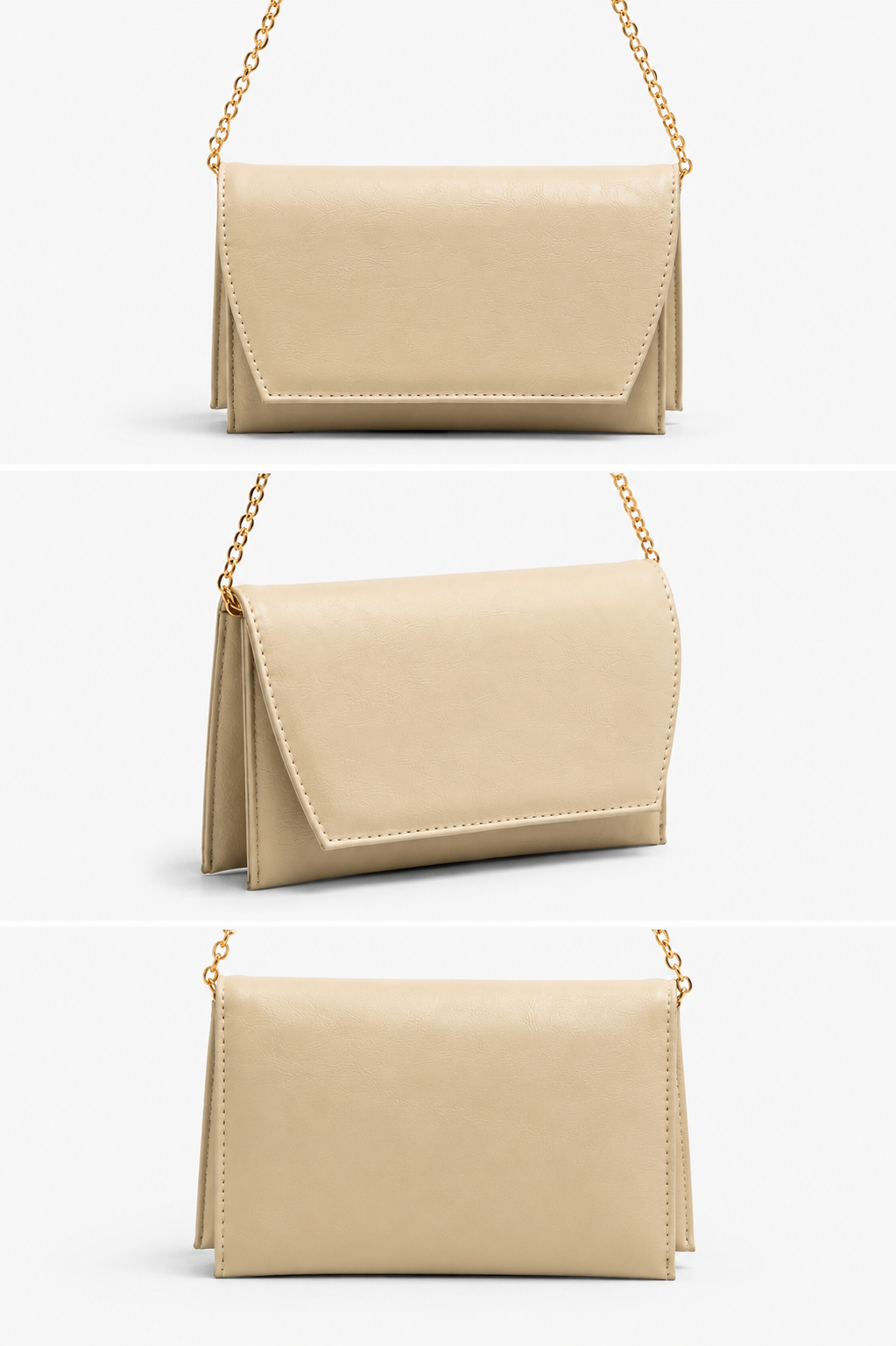 Deri Görünümlü Zincir Askılı Kadın El ve Omuz Çantası – Şık Portföy Clutch Krem