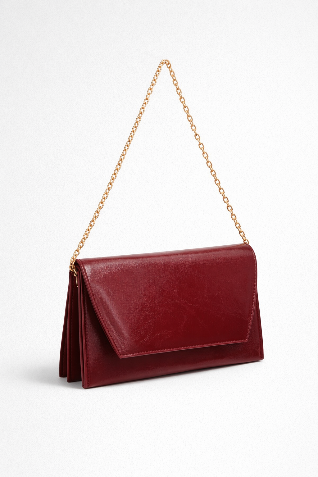 Deri Görünümlü Zincir Askılı Kadın El ve Omuz Çantası – Şık Portföy Clutch Bordo