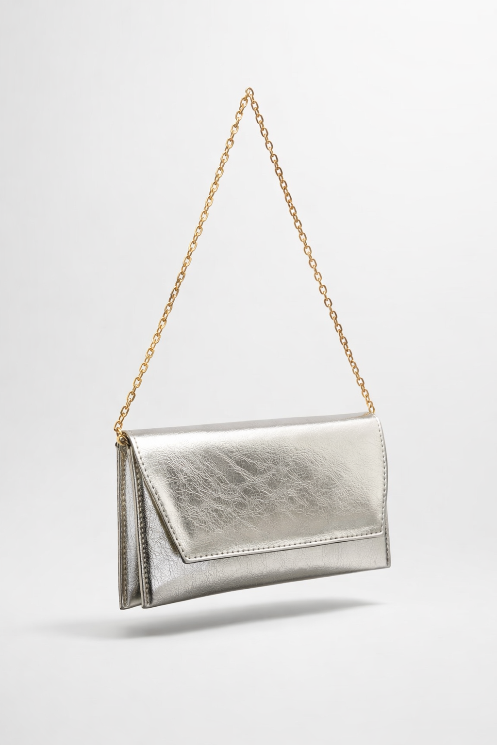 Deri Görünümlü Zincir Askılı Kadın El ve Omuz Çantası – Şık Portföy Clutch Gümüş