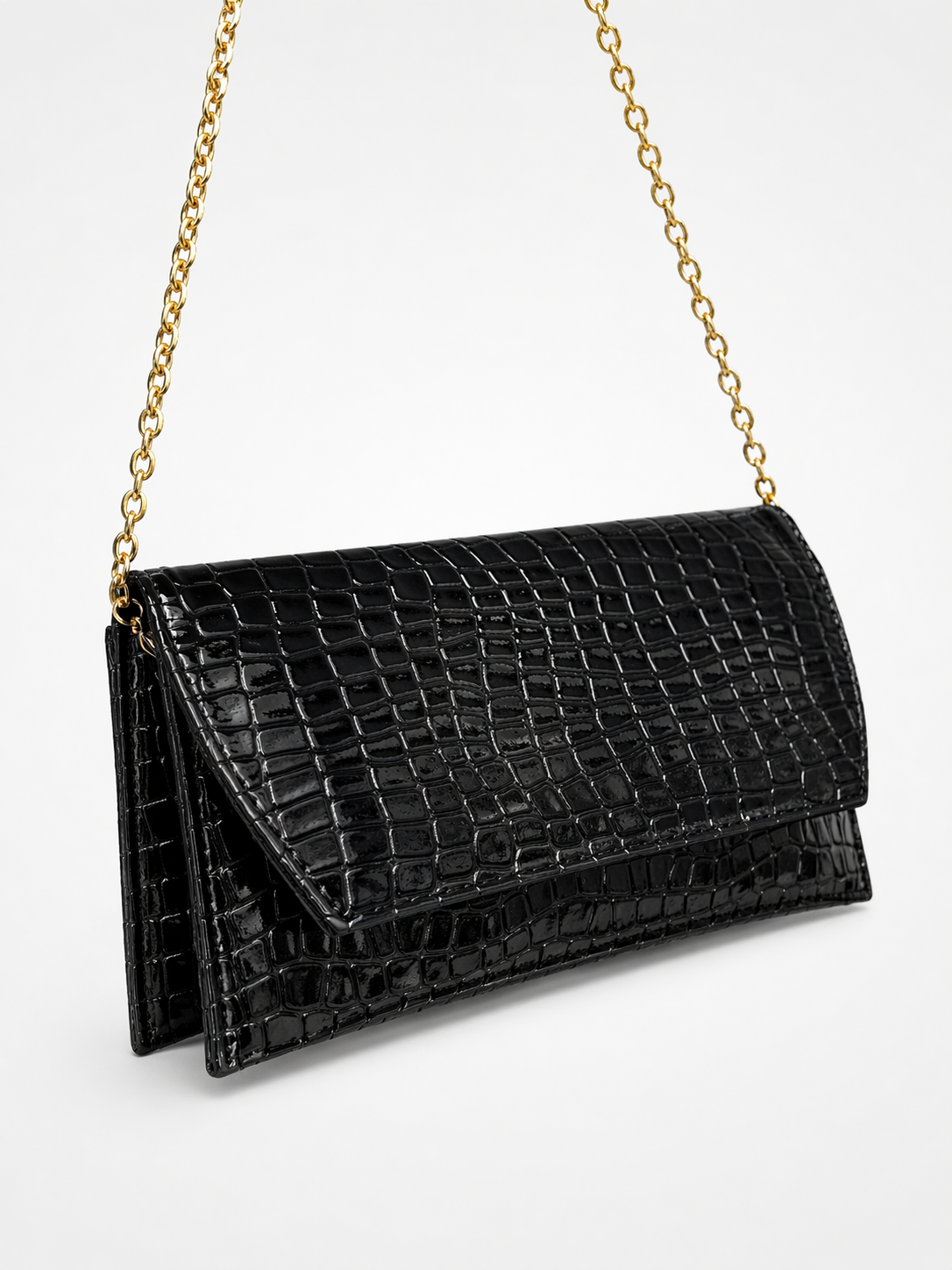 Deri Görünümlü Zincir Askılı Kadın El ve Omuz Çantası – Şık Portföy Clutch Siyah Kroko
