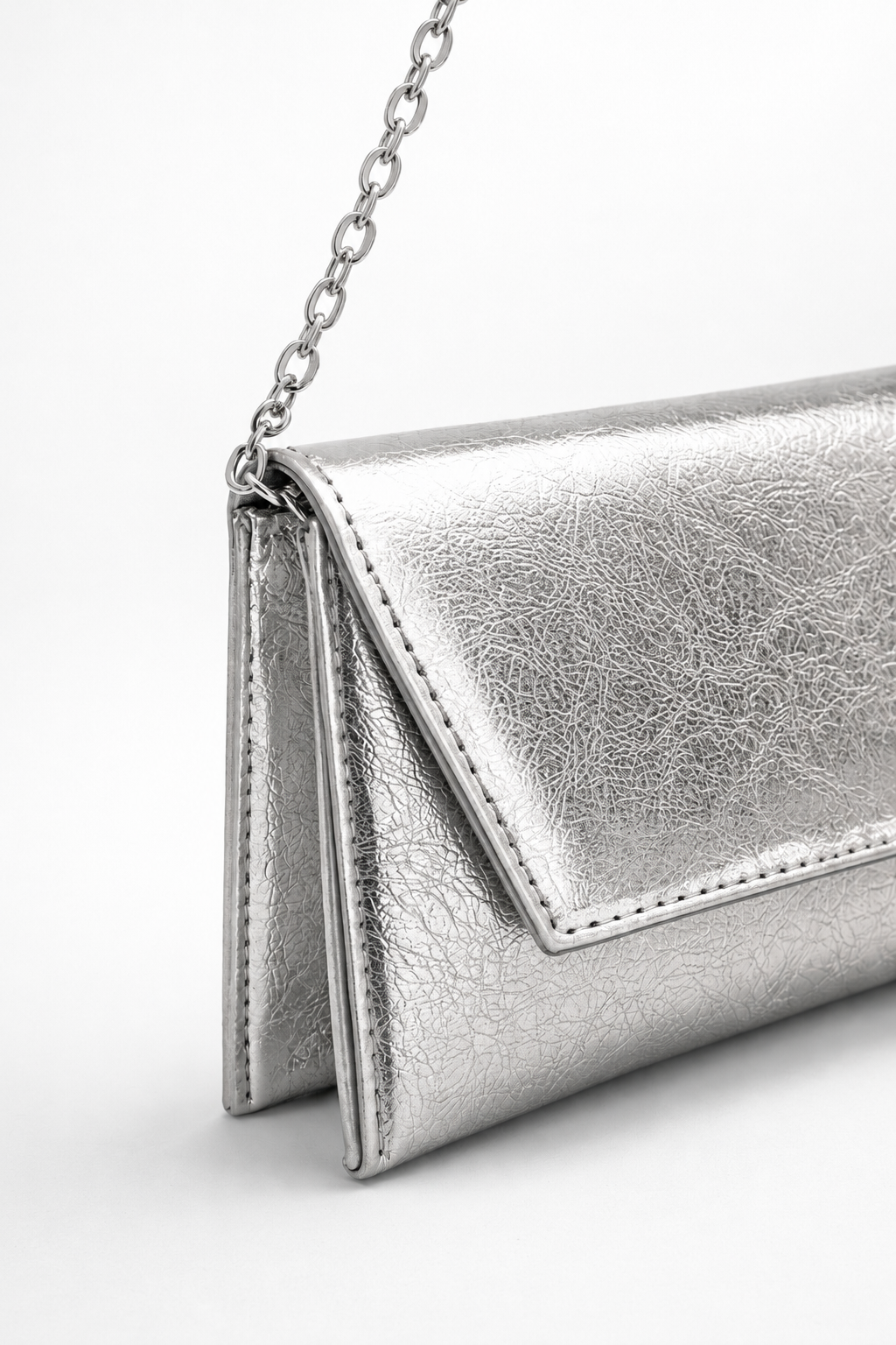 Deri Görünümlü Zincir Askılı Kadın El ve Omuz Çantası – Şık Portföy Clutch Gümüş