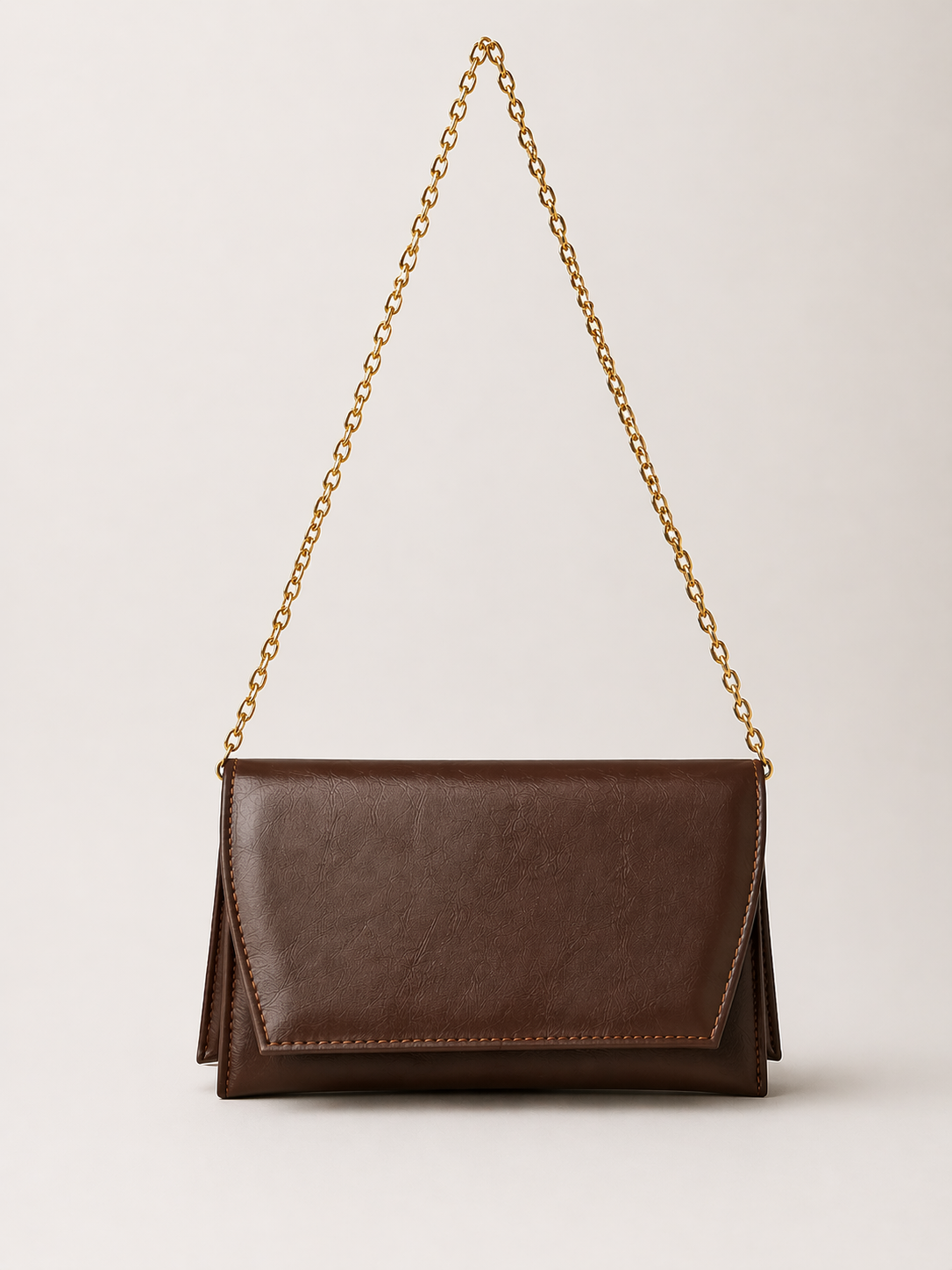 Deri Görünümlü Zincir Askılı Kadın El ve Omuz Çantası – Şık Portföy Clutch Kahverengi