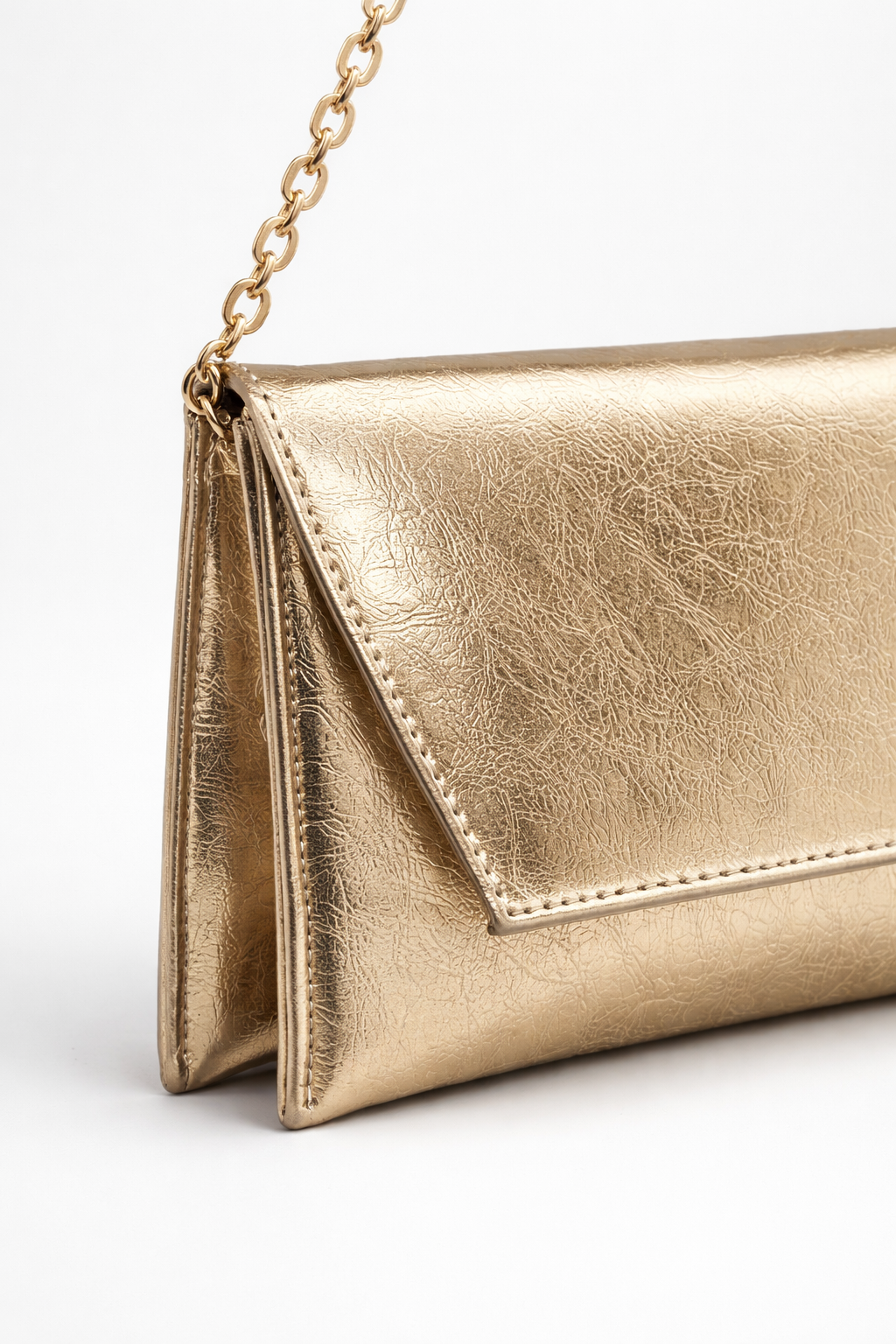 Deri Görünümlü Zincir Askılı Kadın El ve Omuz Çantası – Şık Portföy Clutch Altın