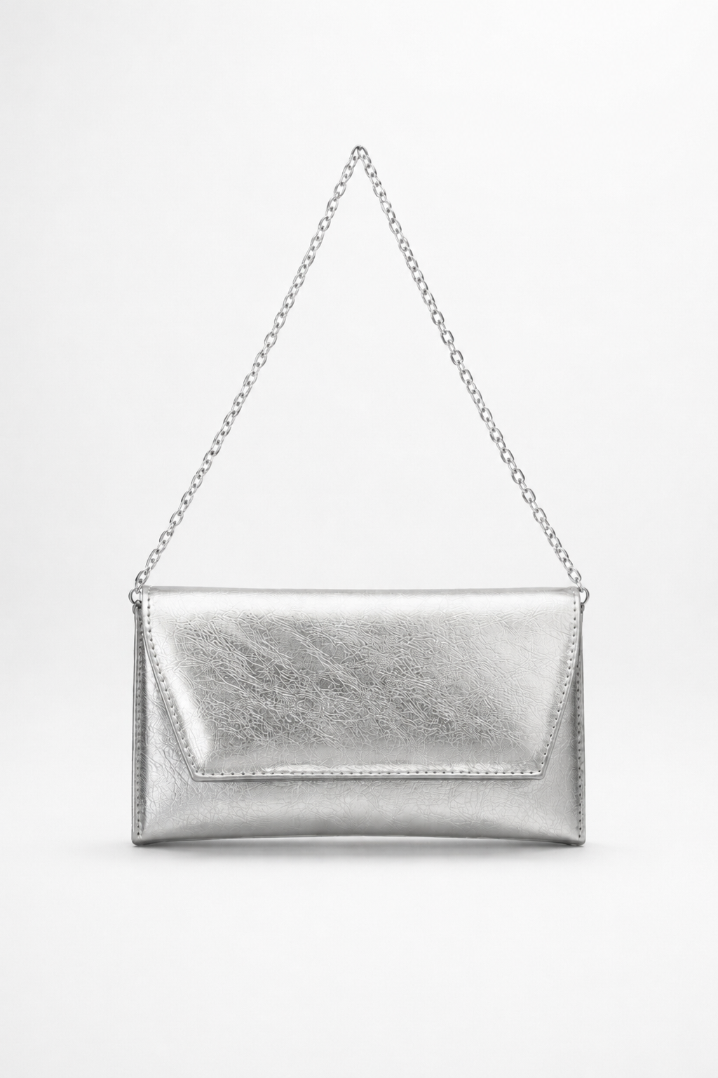 Deri Görünümlü Zincir Askılı Kadın El ve Omuz Çantası – Şık Portföy Clutch Gümüş