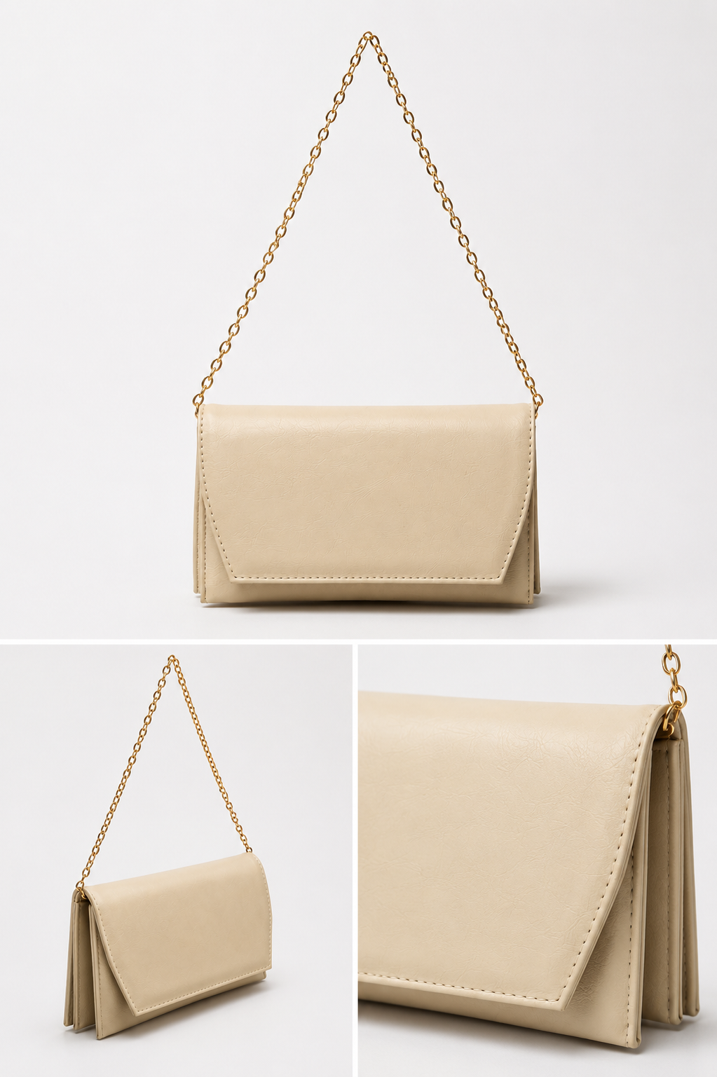 Deri Görünümlü Zincir Askılı Kadın El ve Omuz Çantası – Şık Portföy Clutch Krem