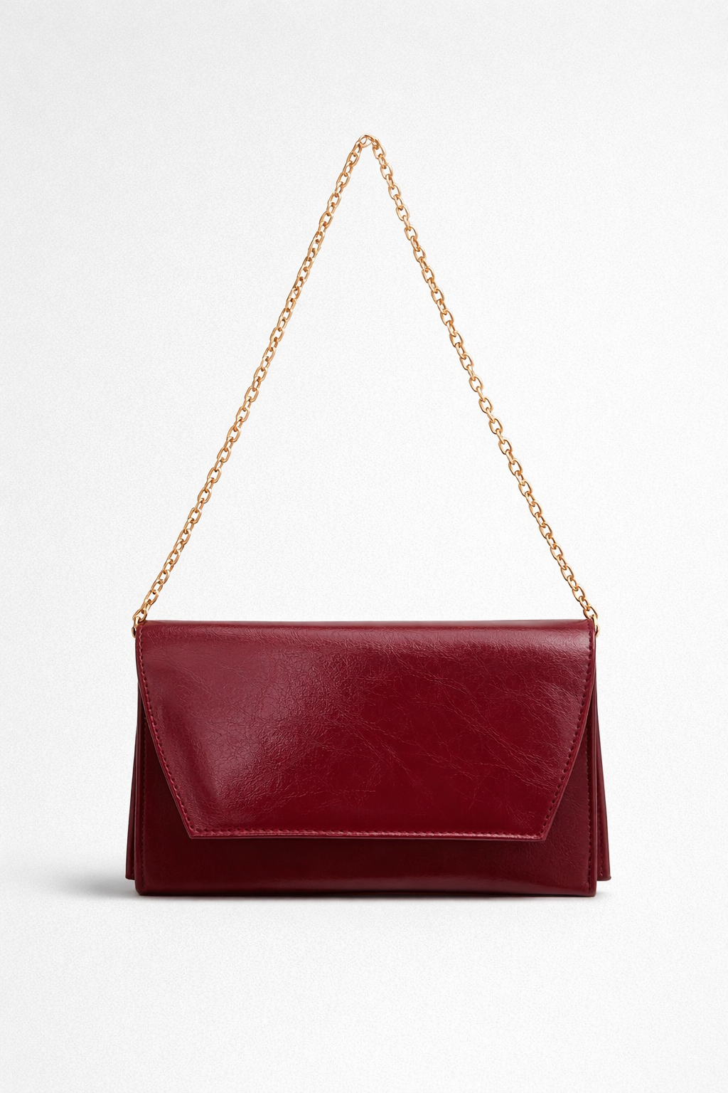 Deri Görünümlü Zincir Askılı Kadın El ve Omuz Çantası – Şık Portföy Clutch Bordo