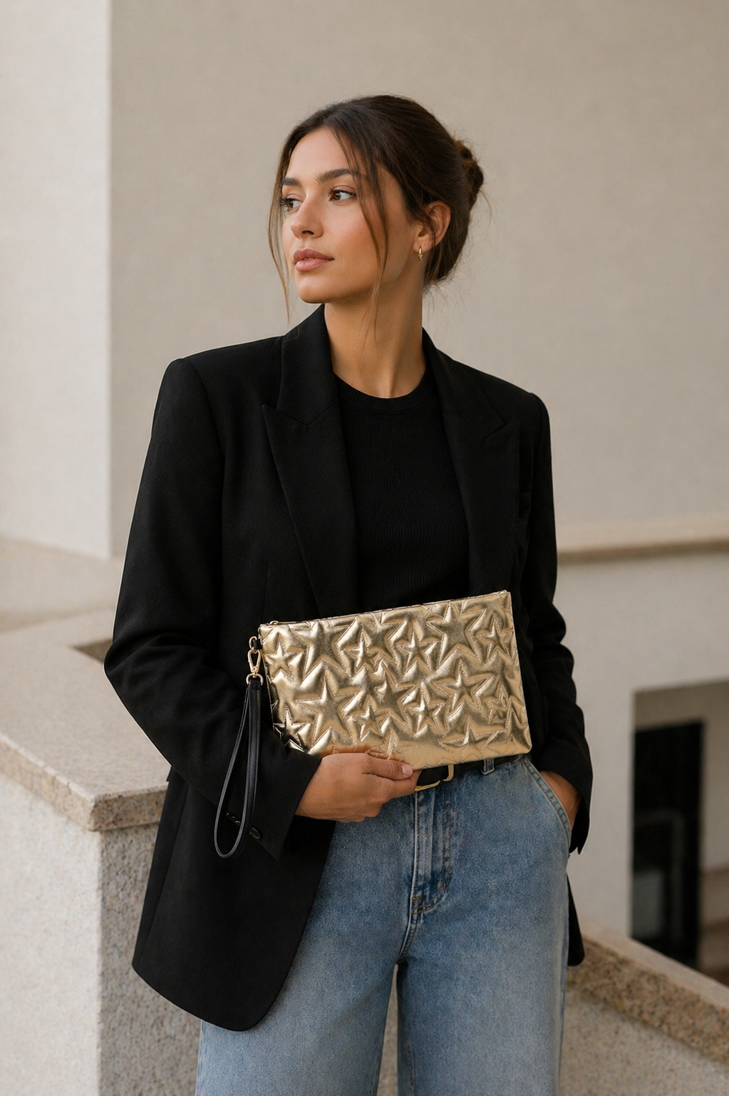 Yıldız Desenli Parlak Kadın El Çantası – Şık Clutch Çanta Altın