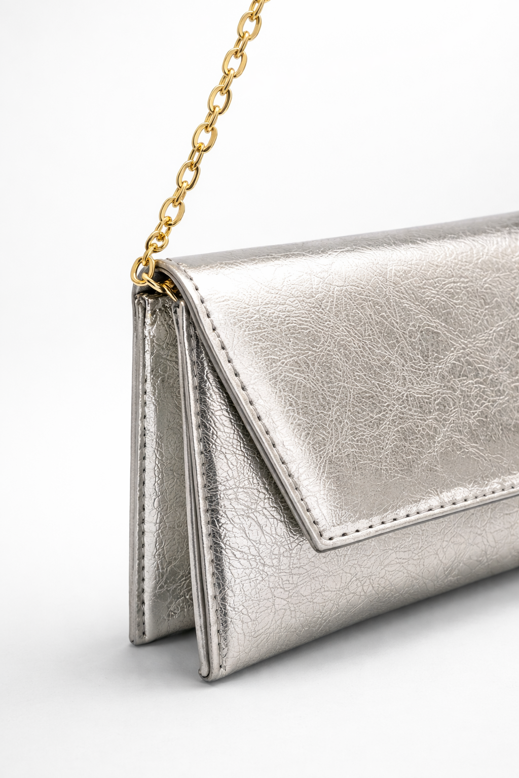 Deri Görünümlü Zincir Askılı Kadın El ve Omuz Çantası – Şık Portföy Clutch Gümüş