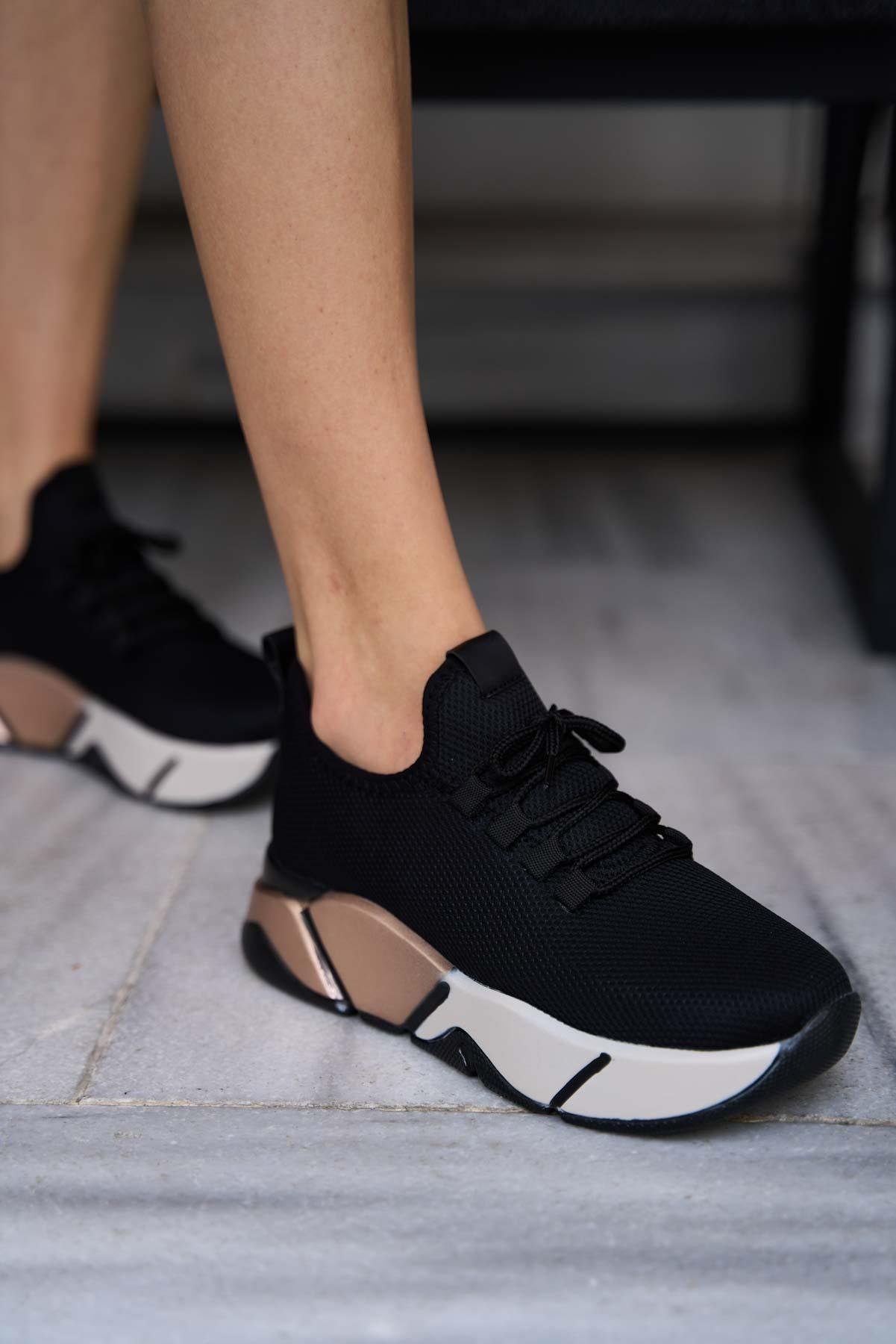 Bağcık Detaylı Fileli Sneaker Ve Günlük Spor Ayakkabı Siyah-Rose