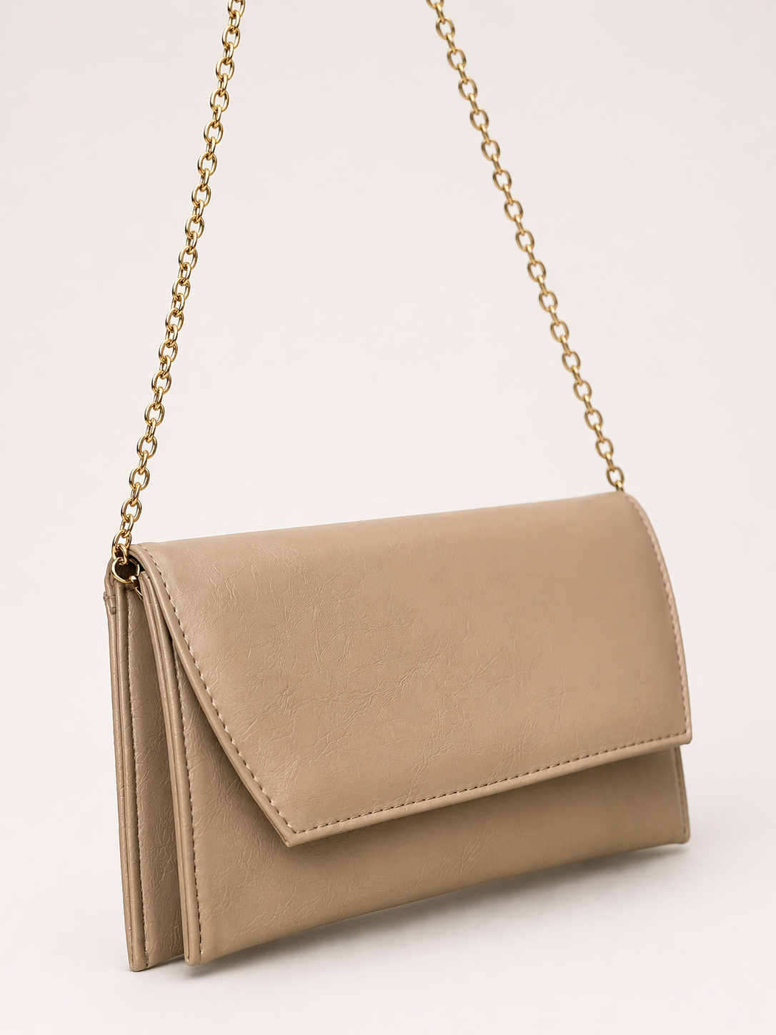 Deri Görünümlü Zincir Askılı Kadın El ve Omuz Çantası – Şık Portföy Clutch Vizon