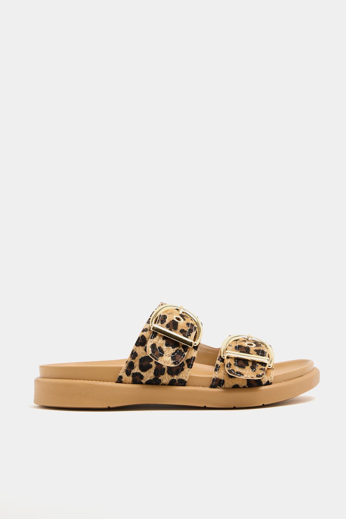 Çift Tokalı Şık Günlük Terlik Leopar Vizon