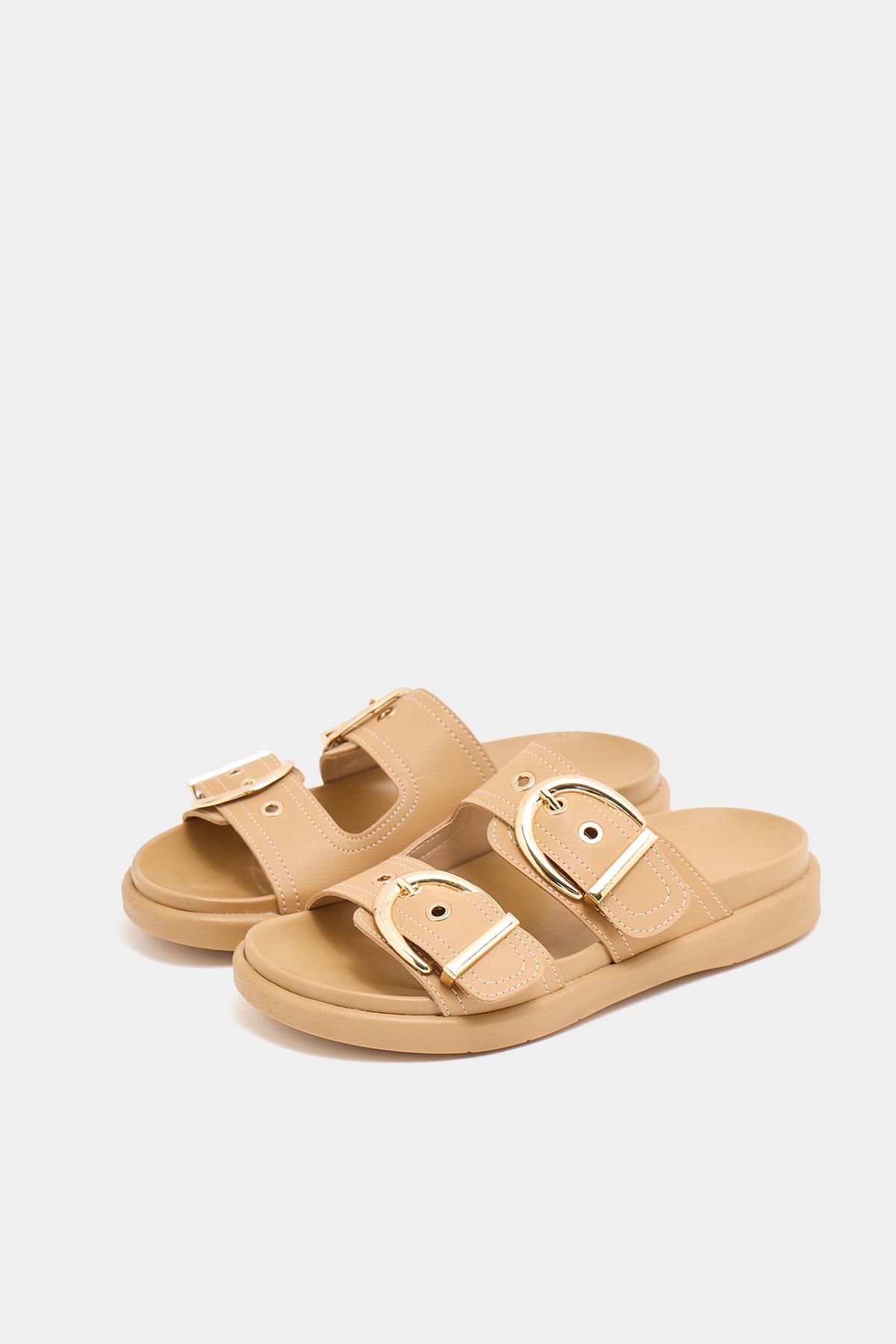 Çift Tokalı Şık Günlük Terlik Vizon