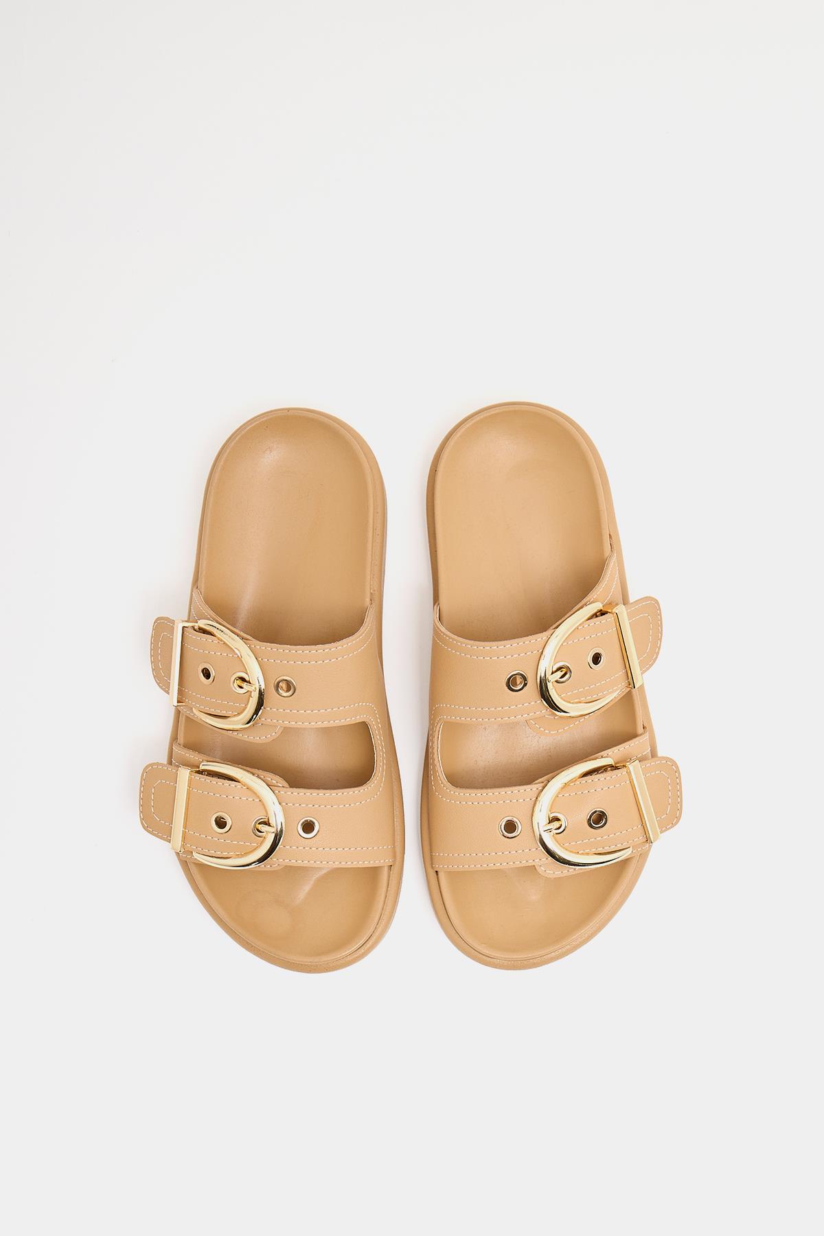 Çift Tokalı Şık Günlük Terlik Vizon